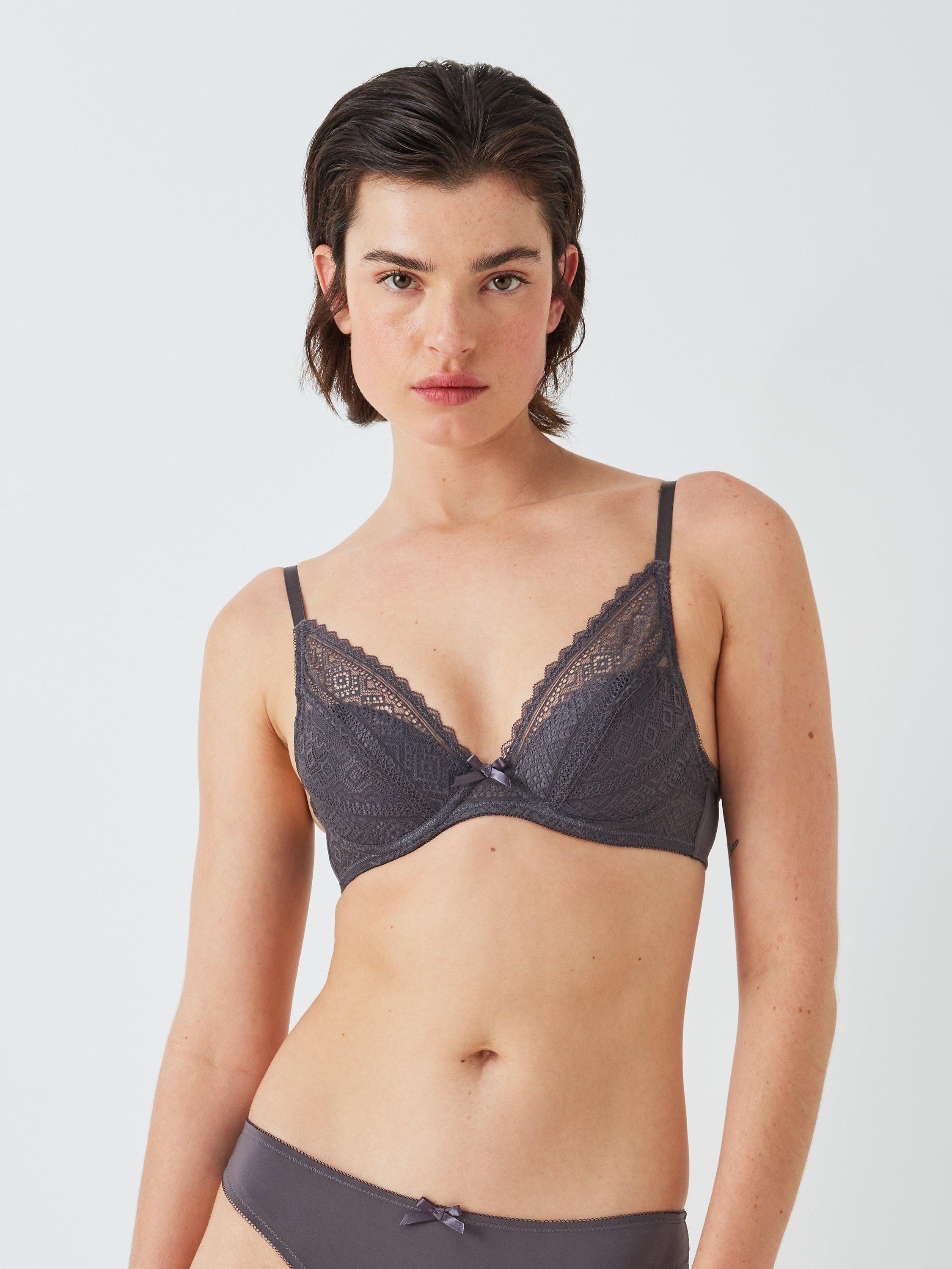 Product image 1 of 6, which shows John Lewis Felicity Padded Lace Plunge Bra, Grey Graphite, 30E