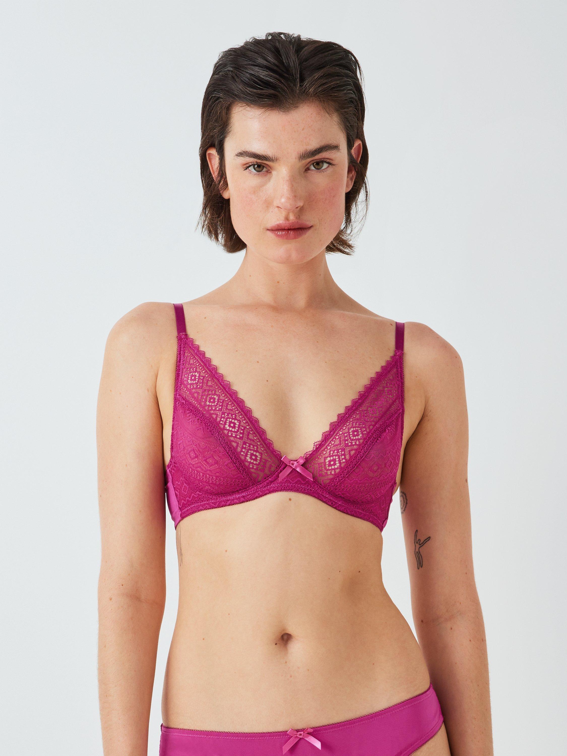 Product image 1 of 7, which shows John Lewis Felicity Non Padded Lace Plunge Bra, Fuchsia, 32D
