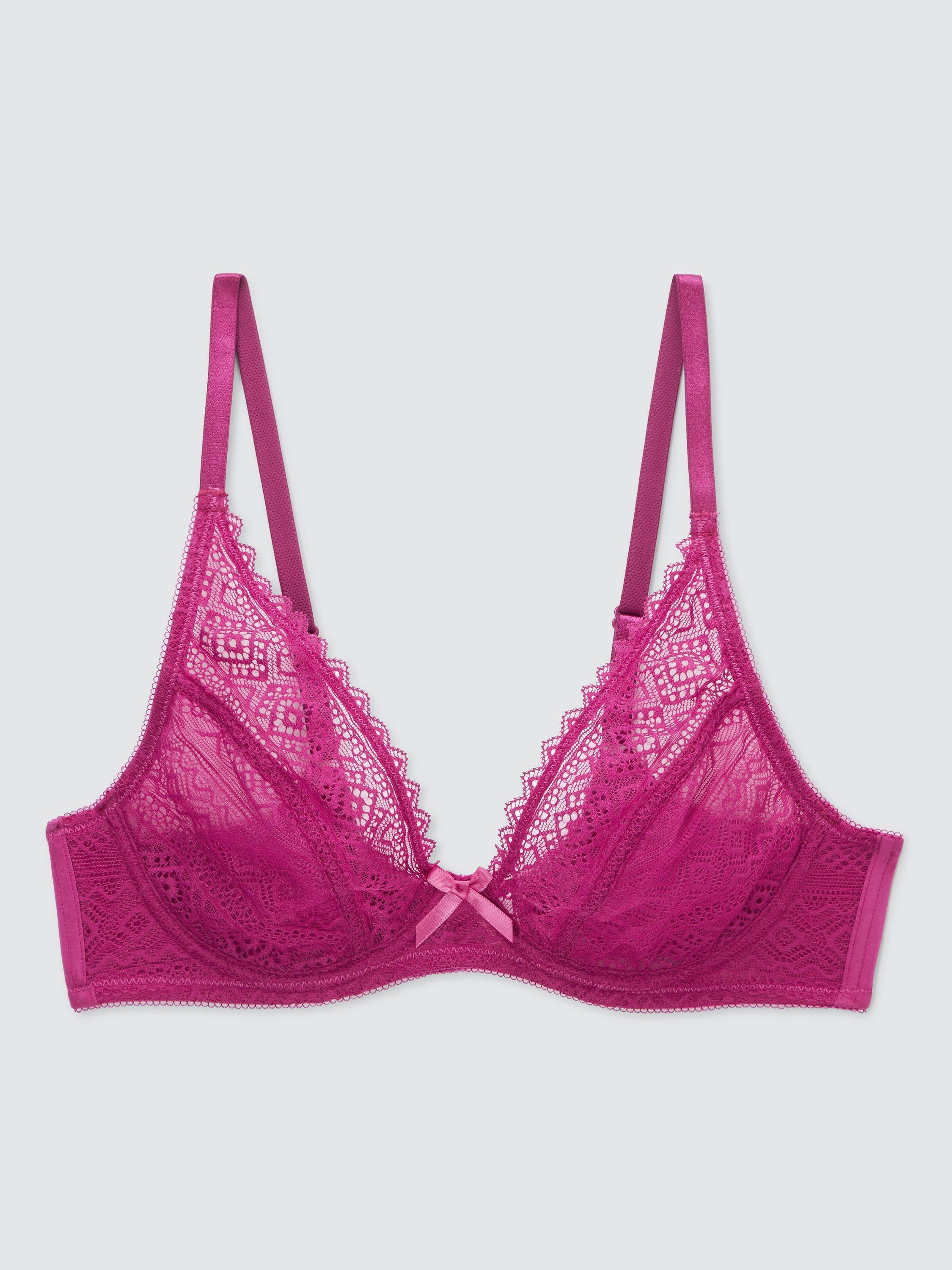 Product image 4 of 7, which shows John Lewis Felicity Non Padded Lace Plunge Bra, Fuchsia, 32D