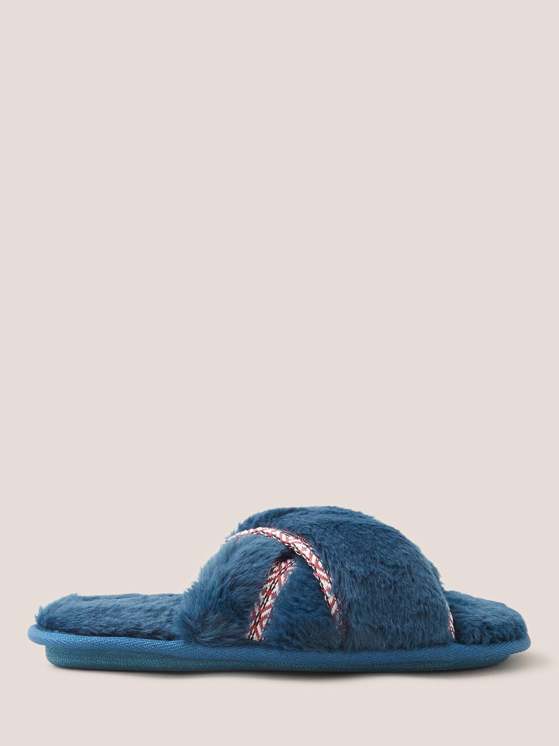 White Stuff Faux Fur Crossover Mule Slippers, Mid Teal
