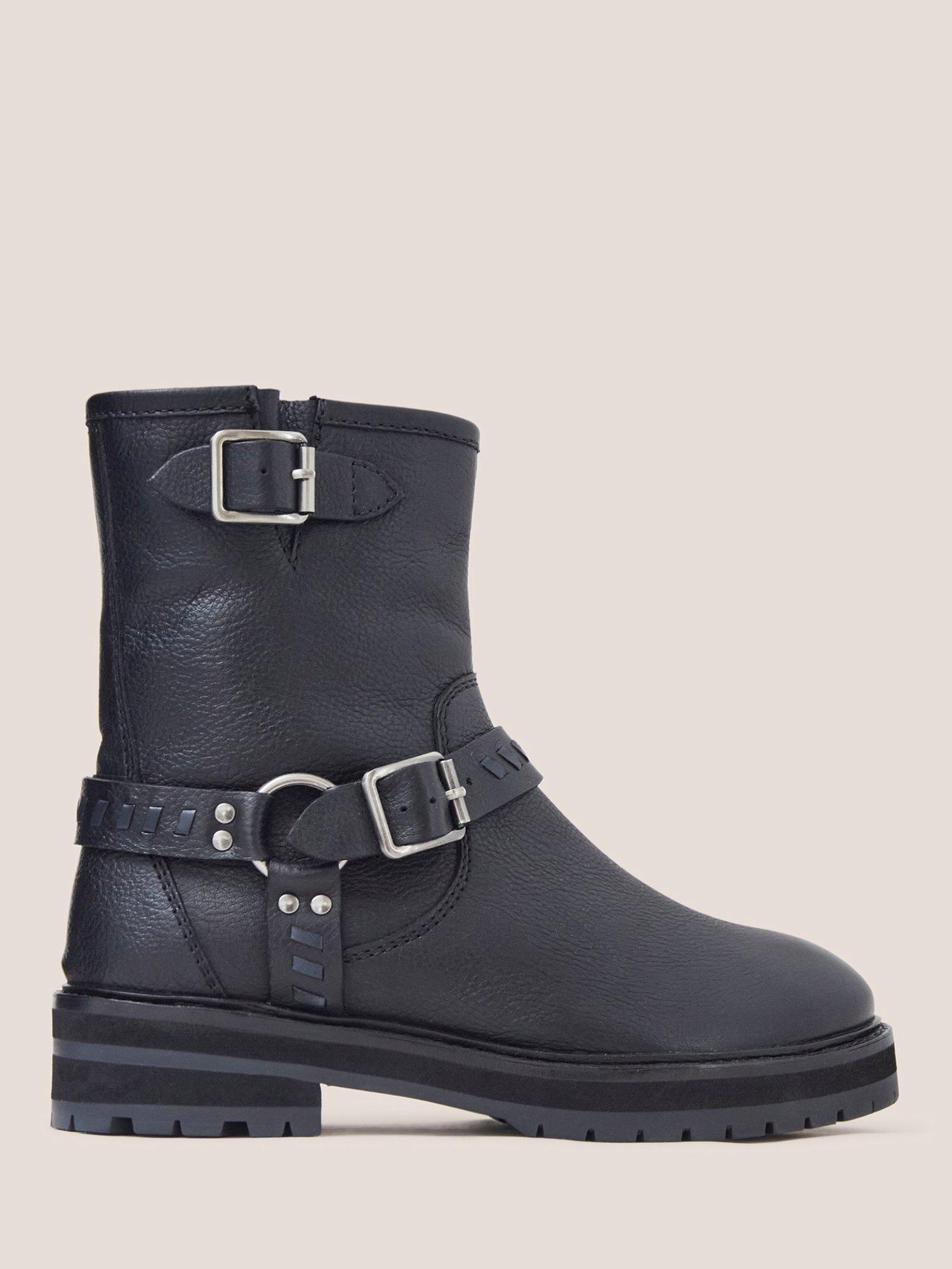 White Stuff Leather Biker Boots, Pure Black