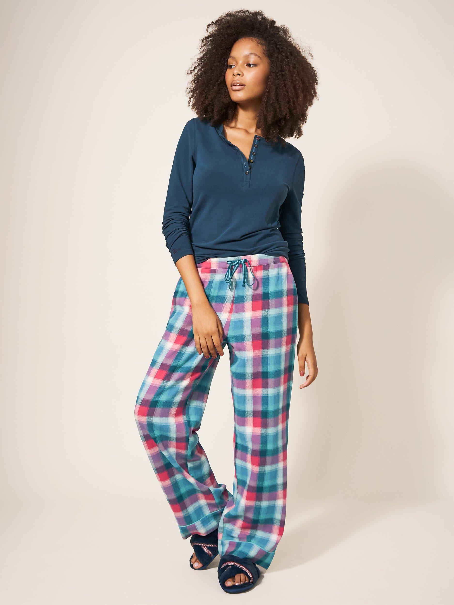 White Stuff Nina Organic Check PJ Bottom, Teal Multi