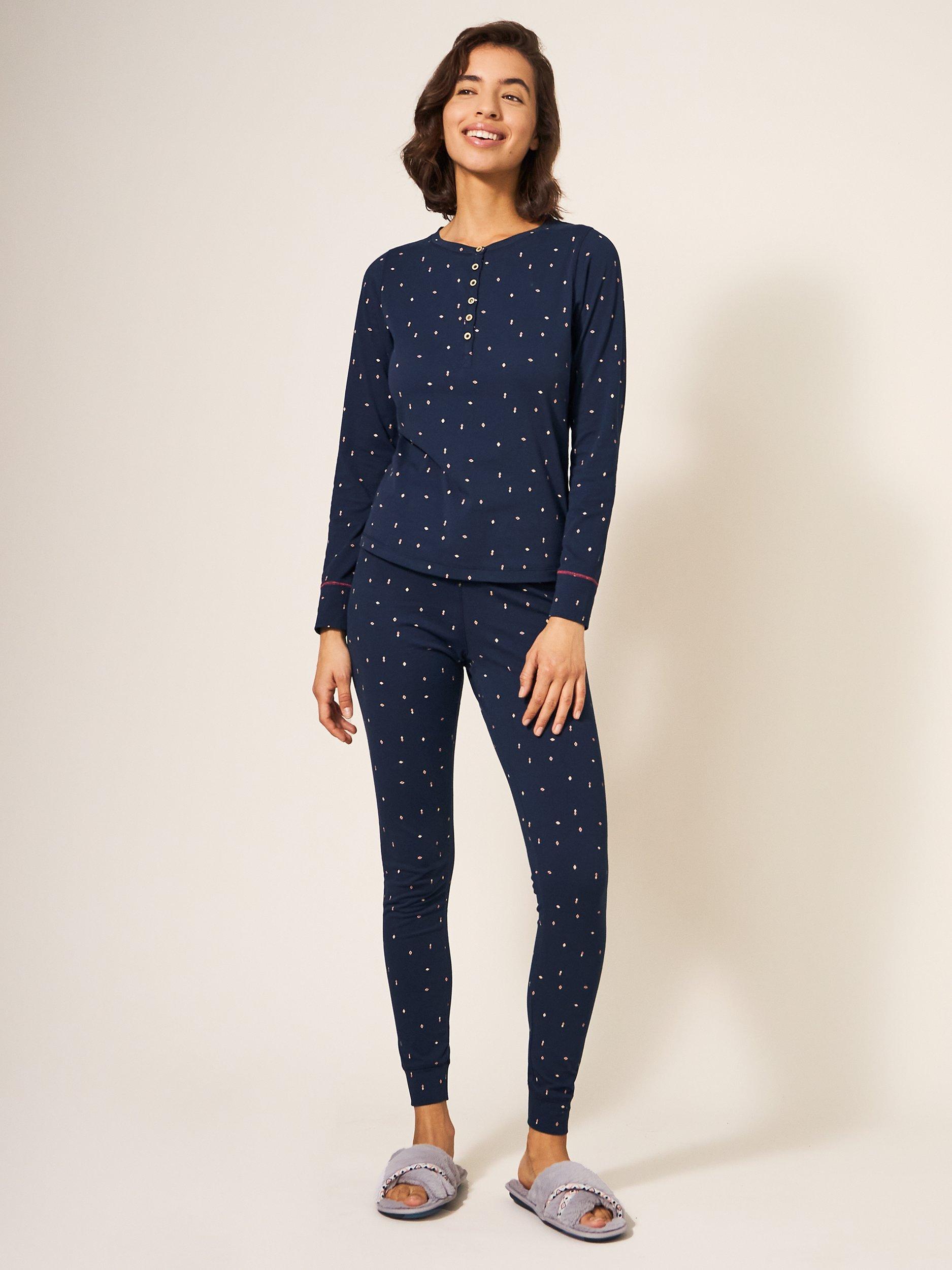 White Stuff Selena Geometric Print Organic Cotton Blend Pyjama Leggings, Navy/Multi