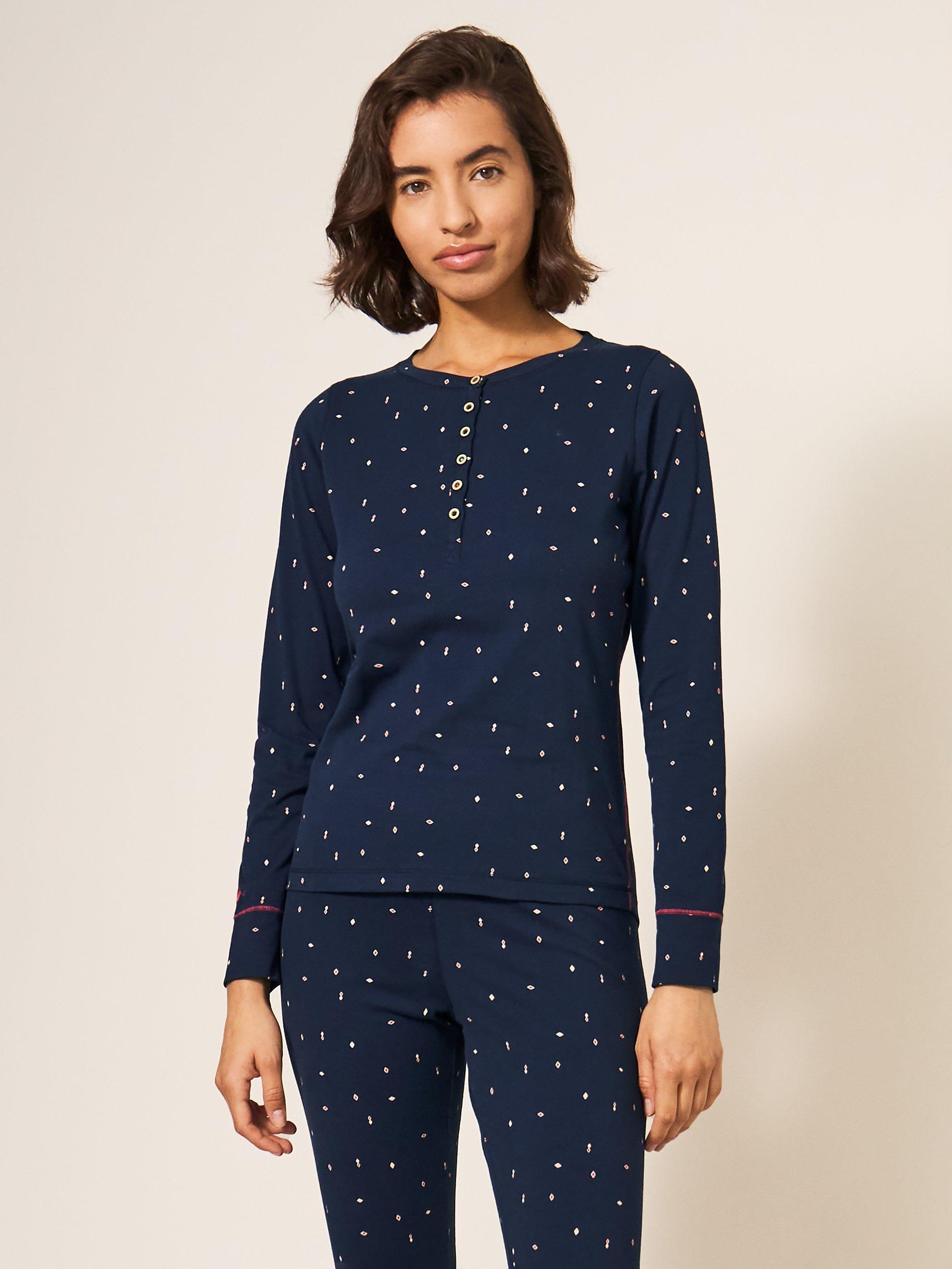White Stuff Henley Geometric Print Organic Cotton Blend Pyjama Top, Navy/Multi