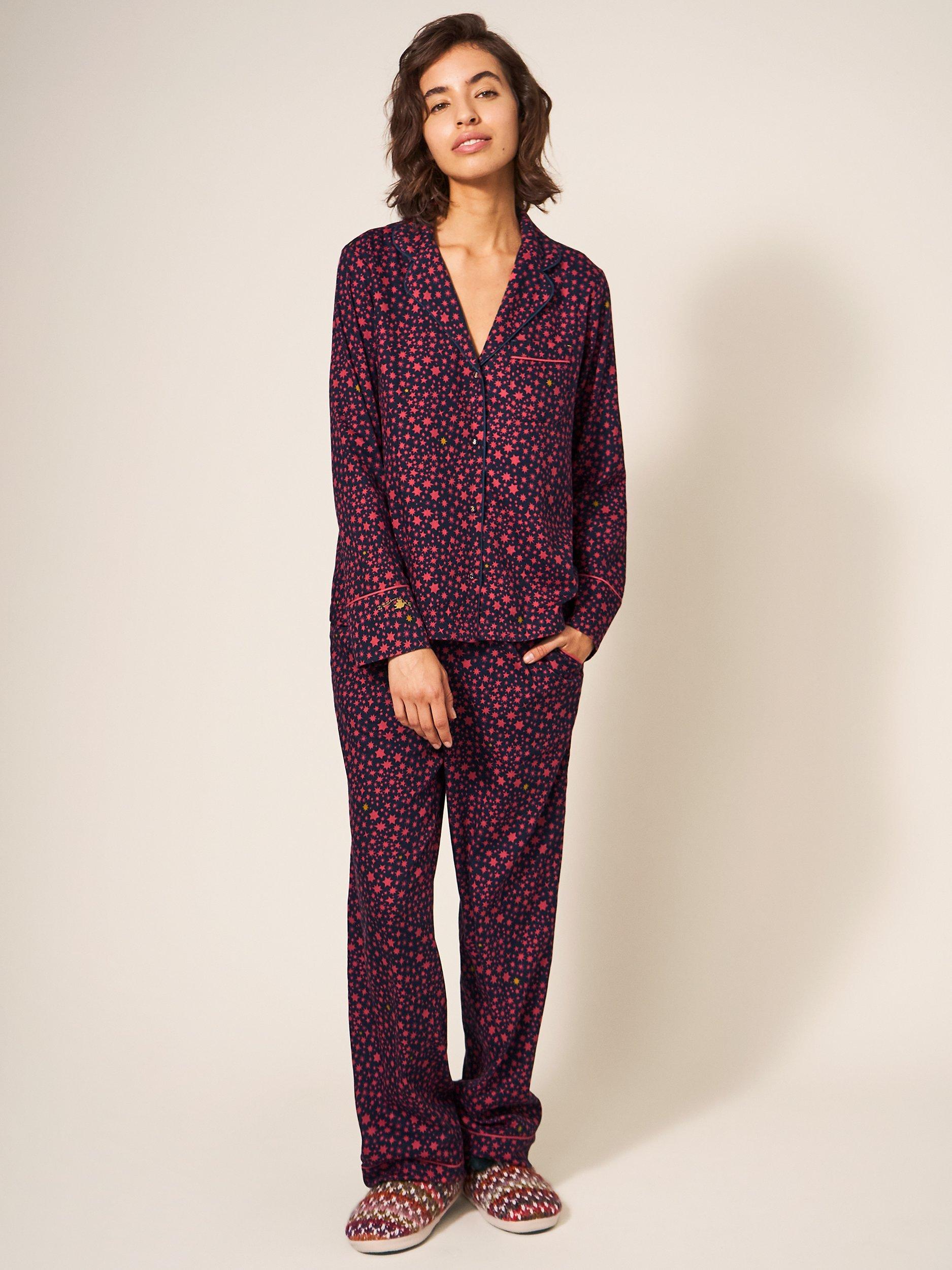 White Stuff Nina Star Print Organic Cotton Blend Pyjama Shirt, Navy/Pink