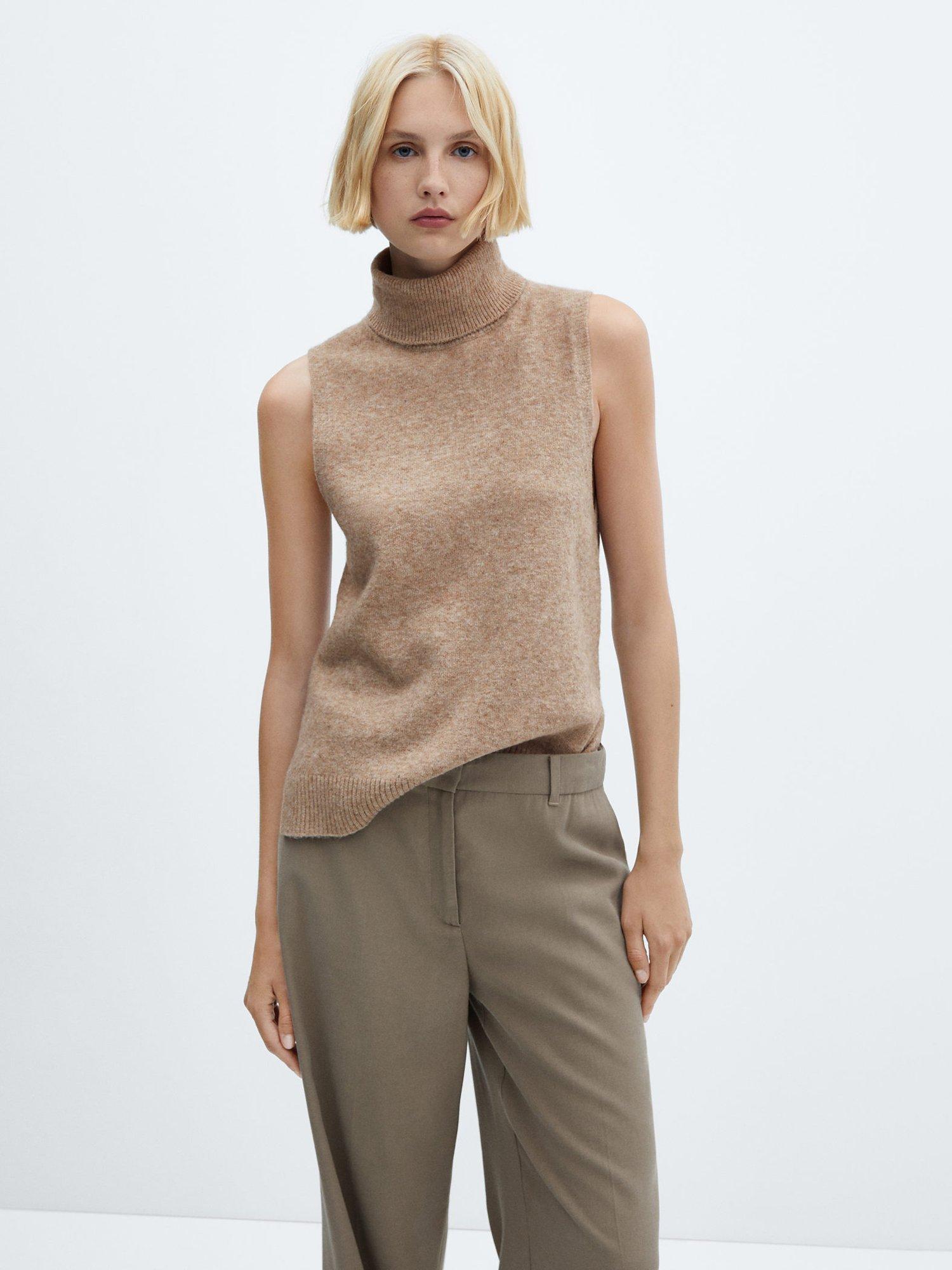 Mango Zorza Sleeveless Roll Neck Knit Top, Medium Brown, Medium Brown