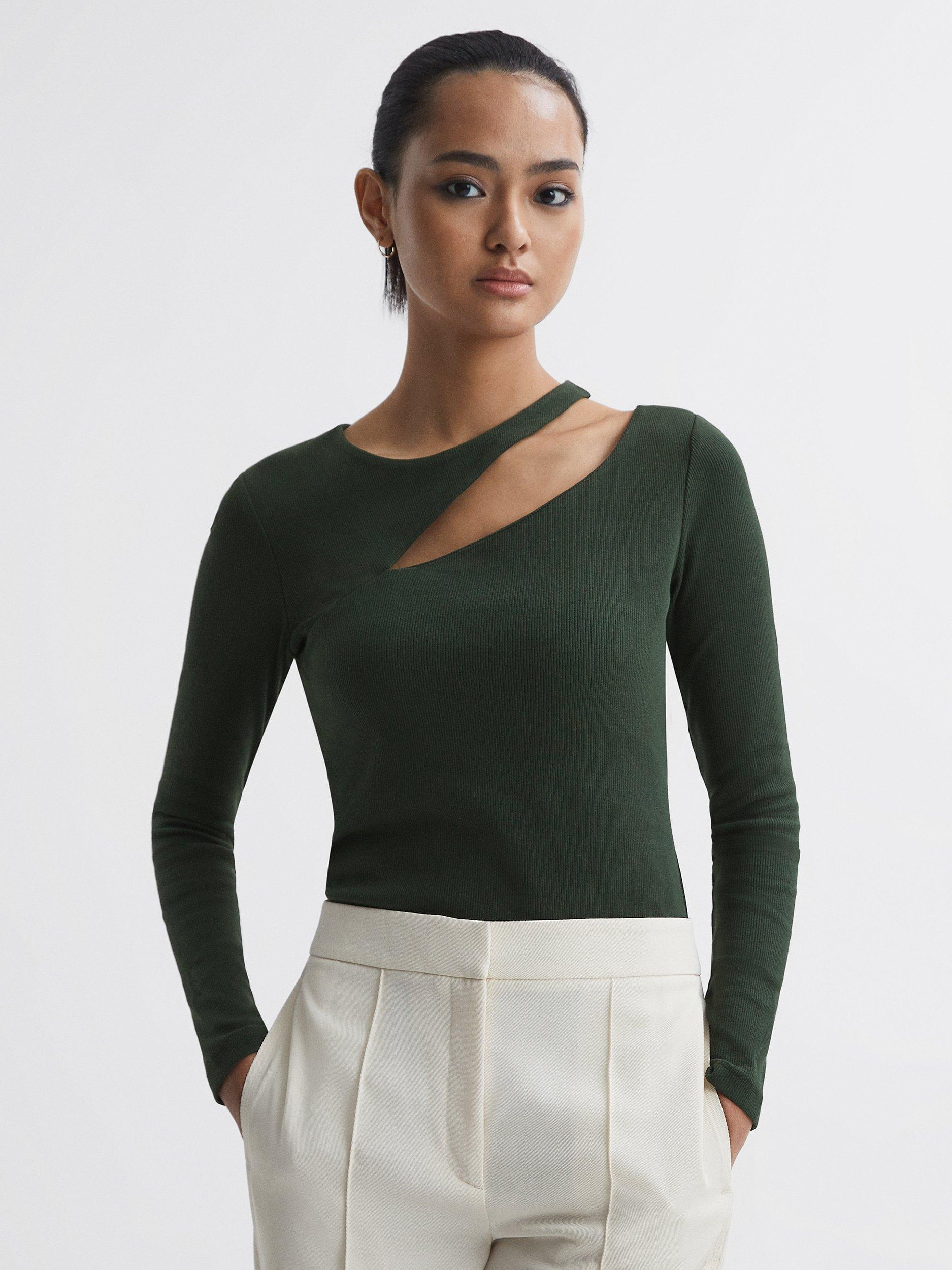 Reiss Myla Ribbed Cutout Detail Top, Green, L