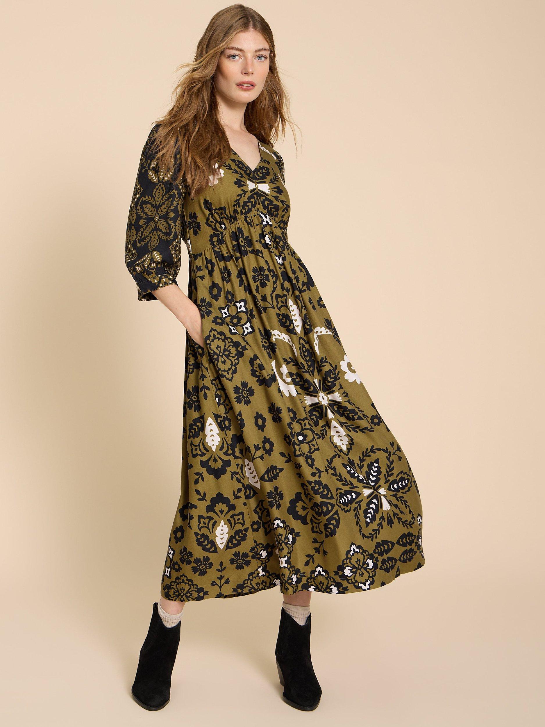White Stuff Floral Empire Line Midi Dress, Green