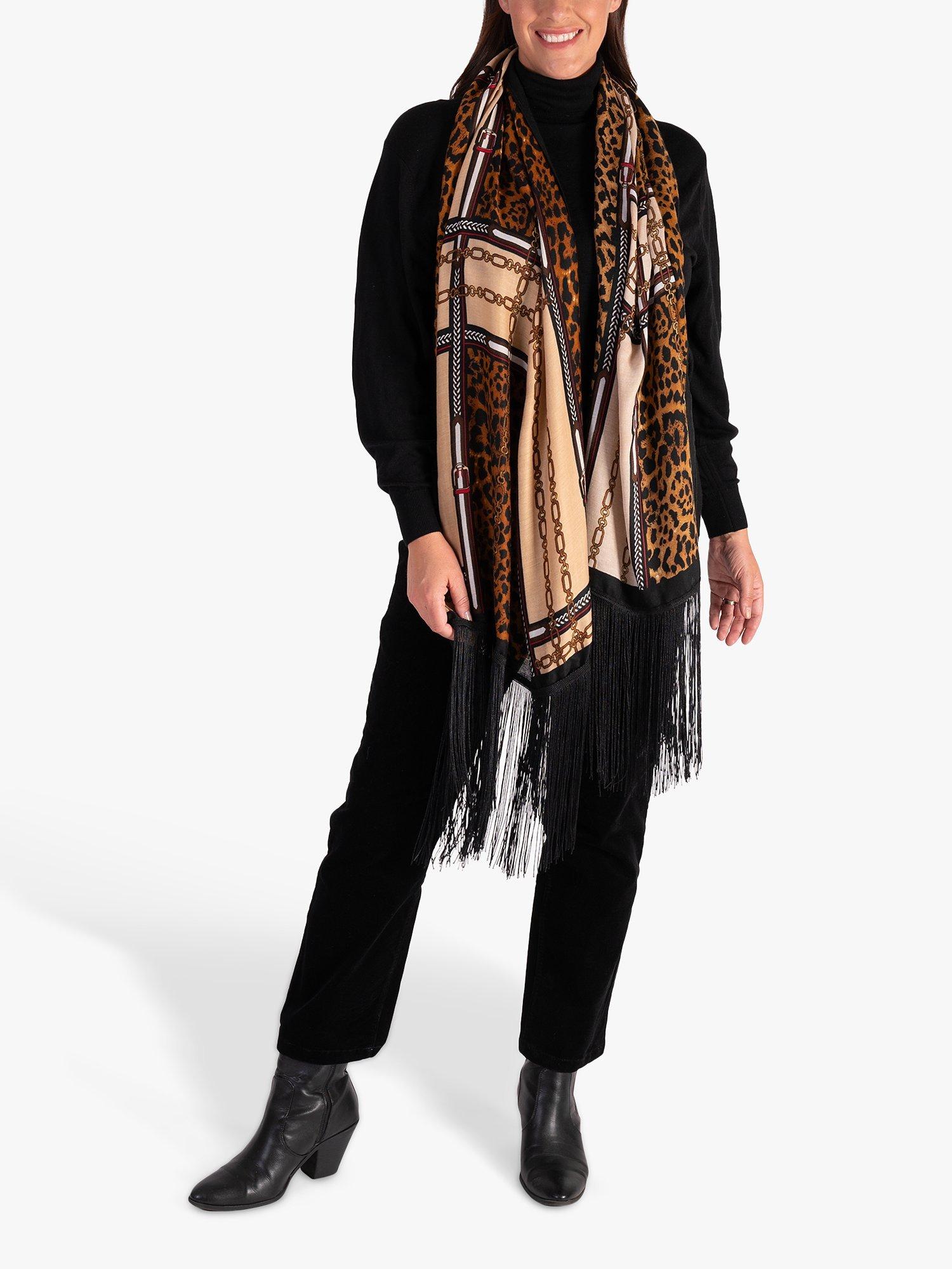 Product image 1 of 6, which shows chesca Chain and Leopard Print Fringed Scarf, Black/Camel, One Size