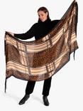 chesca Chain and Leopard Print Fringed Scarf, Black/Camel