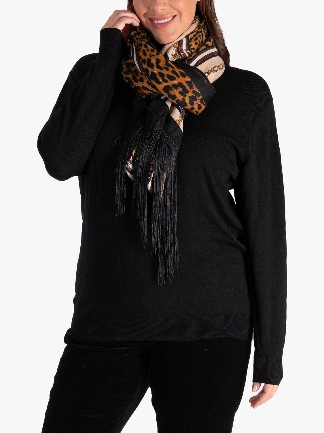 Product image 3 of 6, which shows chesca Chain and Leopard Print Fringed Scarf, Black/Camel, One Size