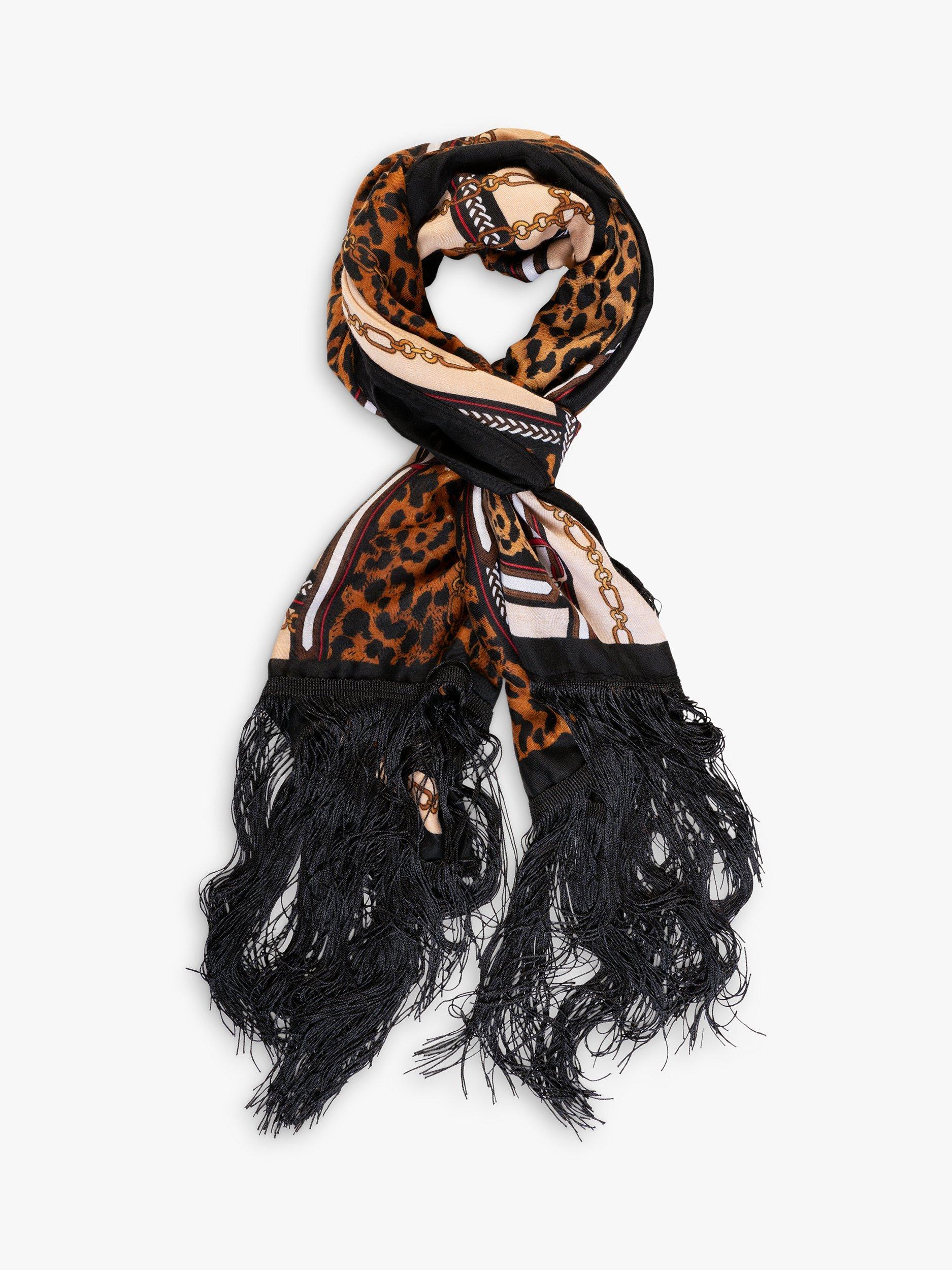 Product image 4 of 6, which shows chesca Chain and Leopard Print Fringed Scarf, Black/Camel, One Size