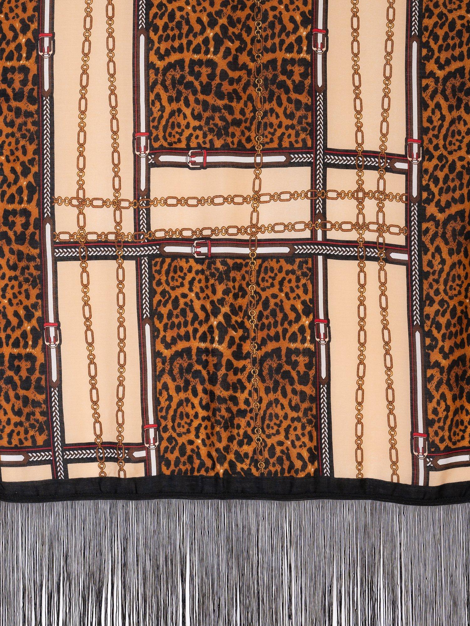 Product image 5 of 6, which shows chesca Chain and Leopard Print Fringed Scarf, Black/Camel, One Size