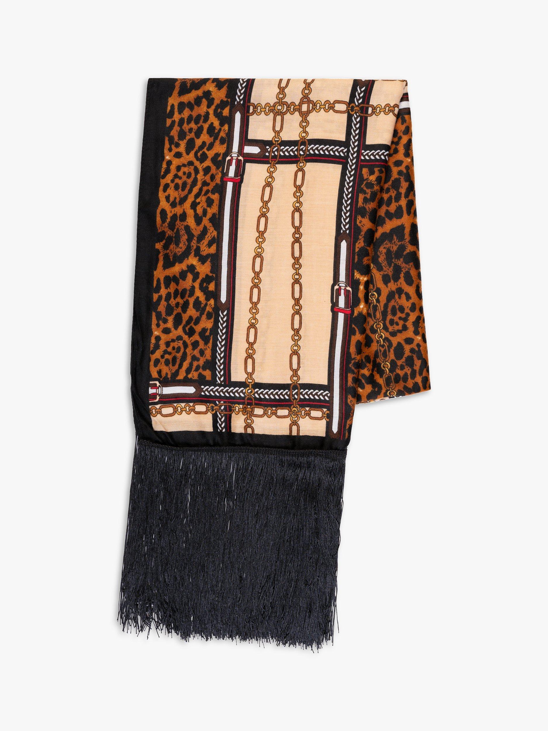 Product image 6 of 6, which shows chesca Chain and Leopard Print Fringed Scarf, Black/Camel, One Size