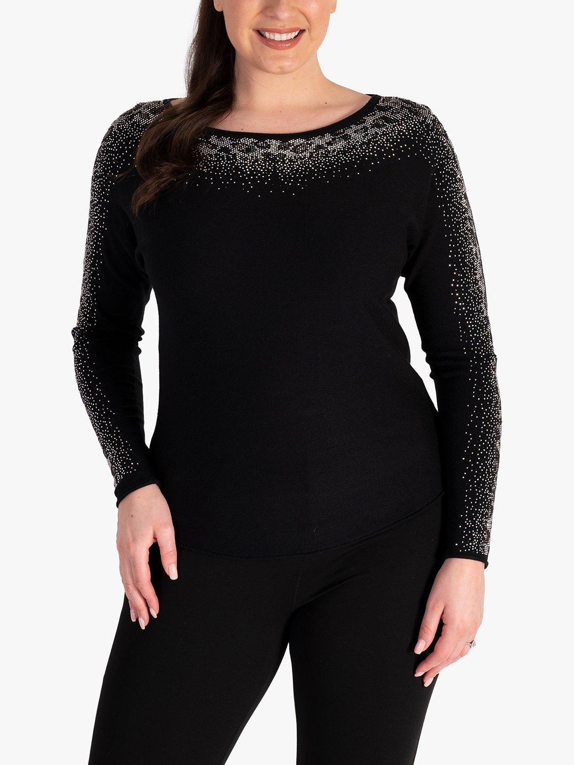 Product image 1 of 6, which shows chesca Diamante Fine Knit Jumper, Black, 14-16