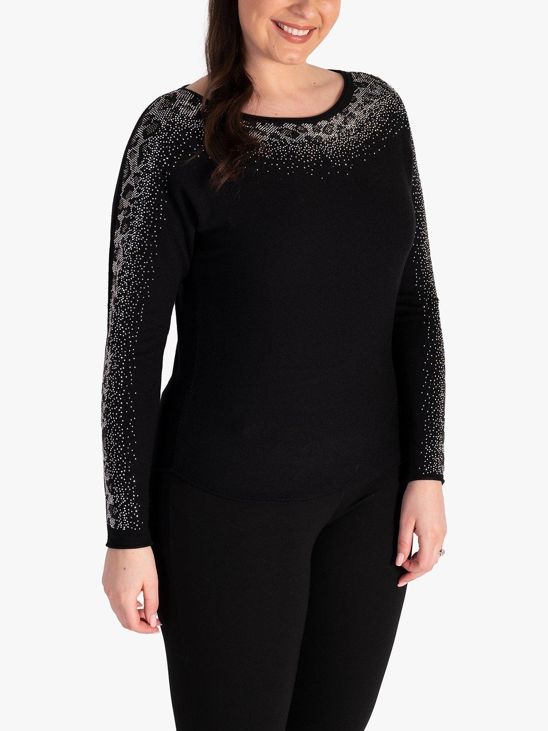Product image 3 of 6, which shows chesca Diamante Fine Knit Jumper, Black, 14-16