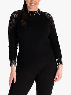chesca Lace Detail and Pearl Trim Jumper, Black, Black