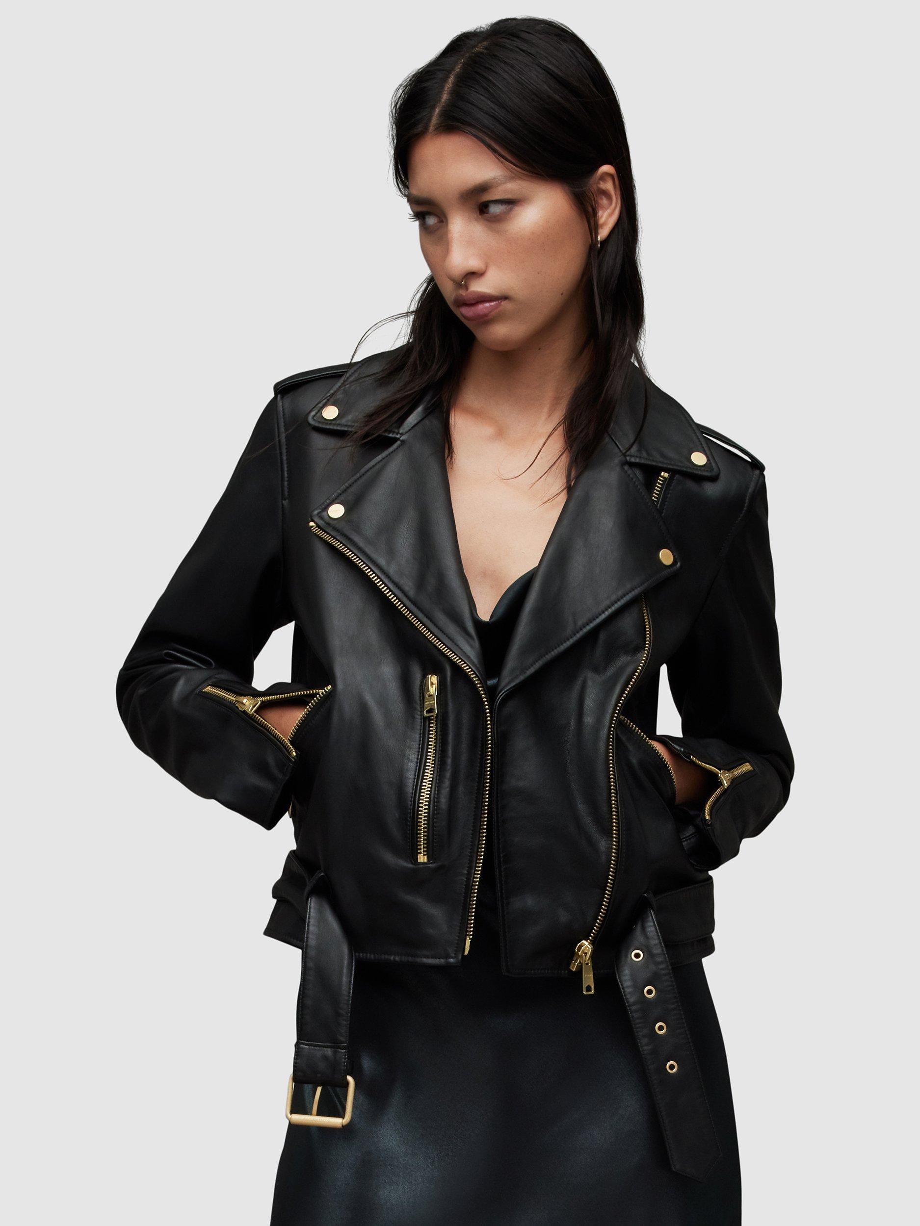 AllSaints Balfern Leather Biker Jacket Black Gold