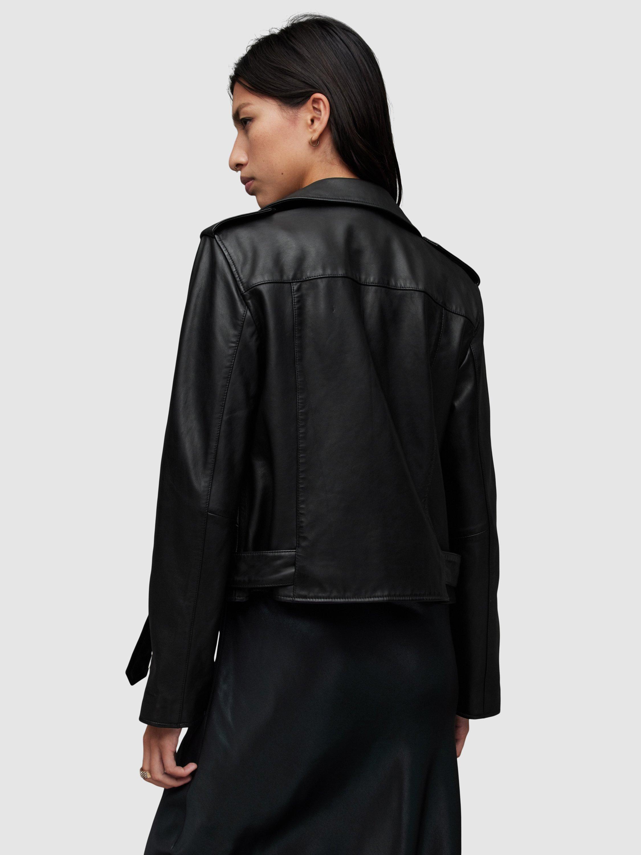 Product image 2 of 10, which shows AllSaints Balfern Leather Biker Jacket, Black/Gold, 14