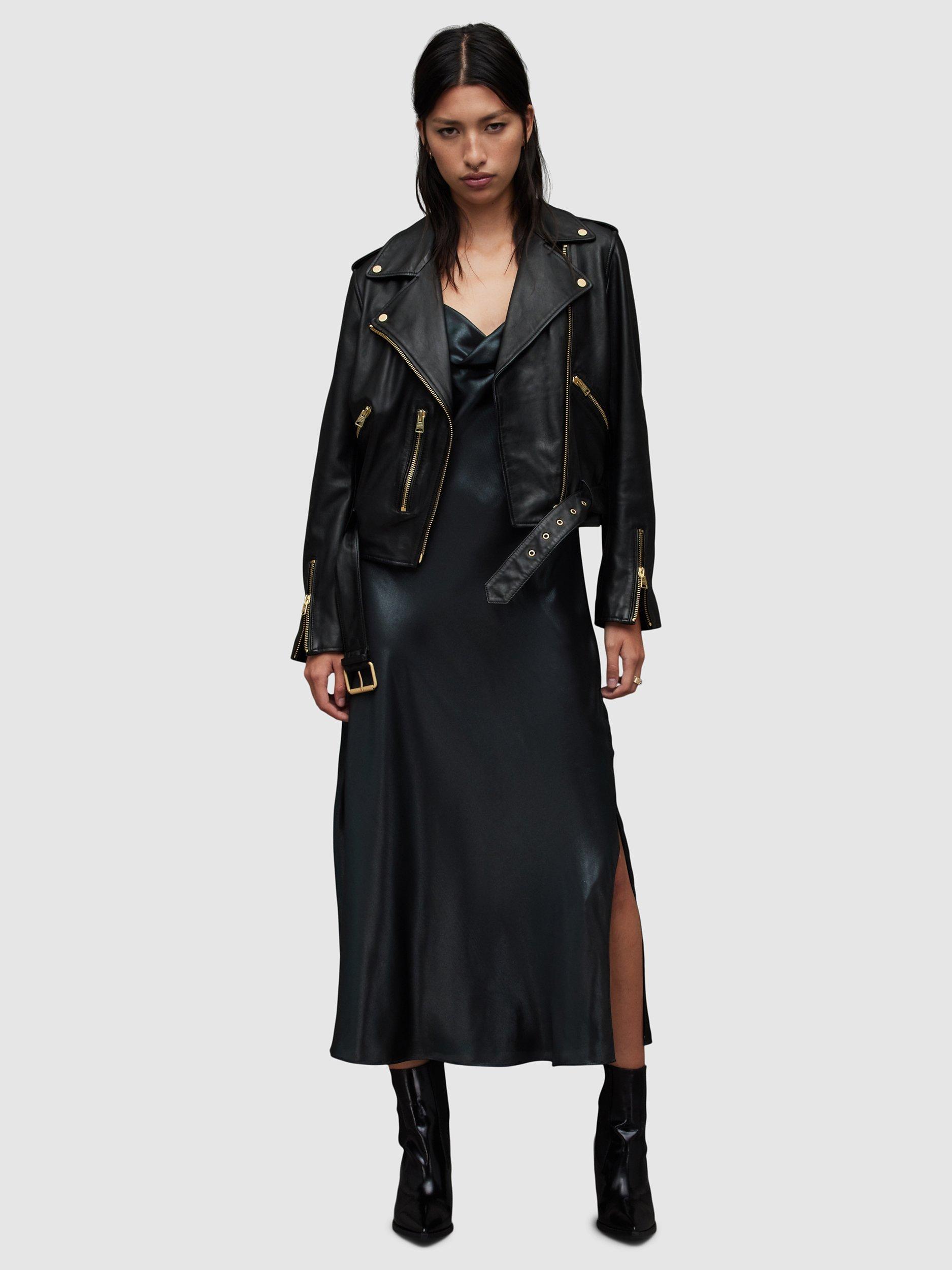 Product image 3 of 10, which shows AllSaints Balfern Leather Biker Jacket, Black/Gold, 14
