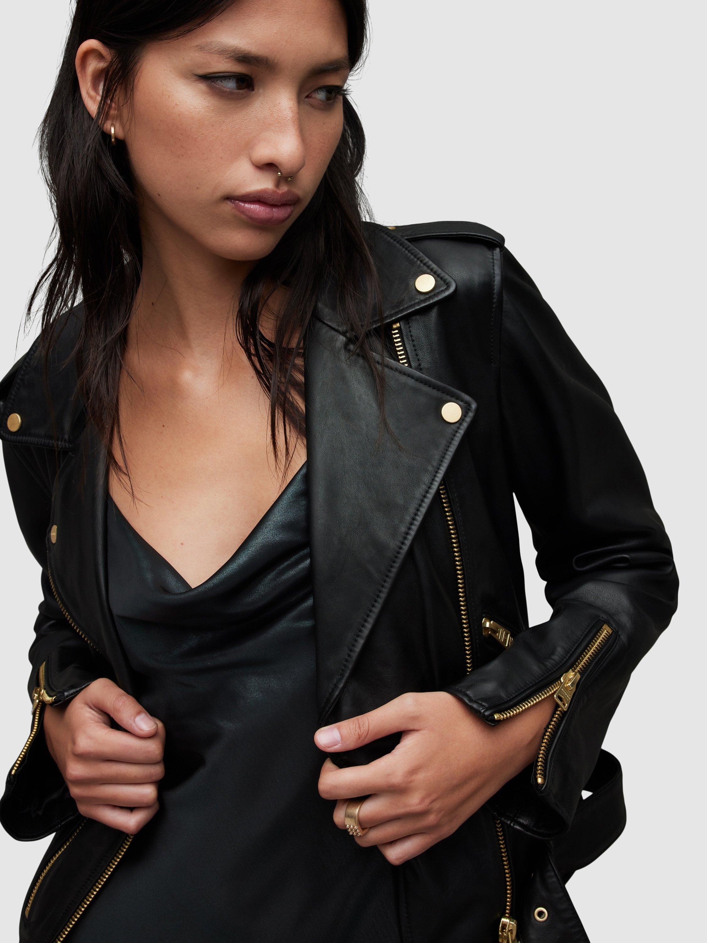 Product image 5 of 10, which shows AllSaints Balfern Leather Biker Jacket, Black/Gold, 14