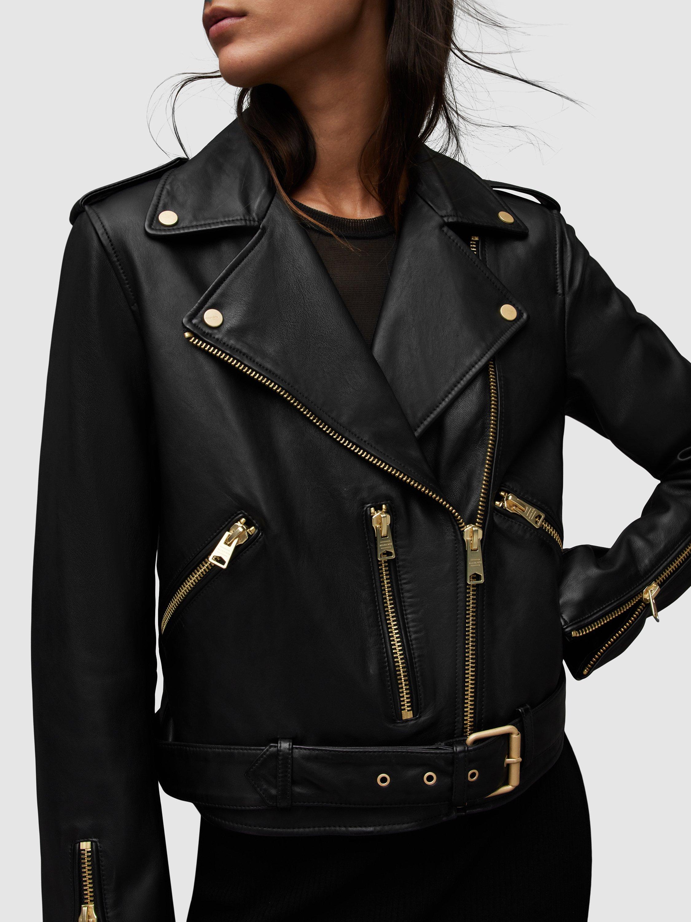 Product image 7 of 10, which shows AllSaints Balfern Leather Biker Jacket, Black/Gold, 14
