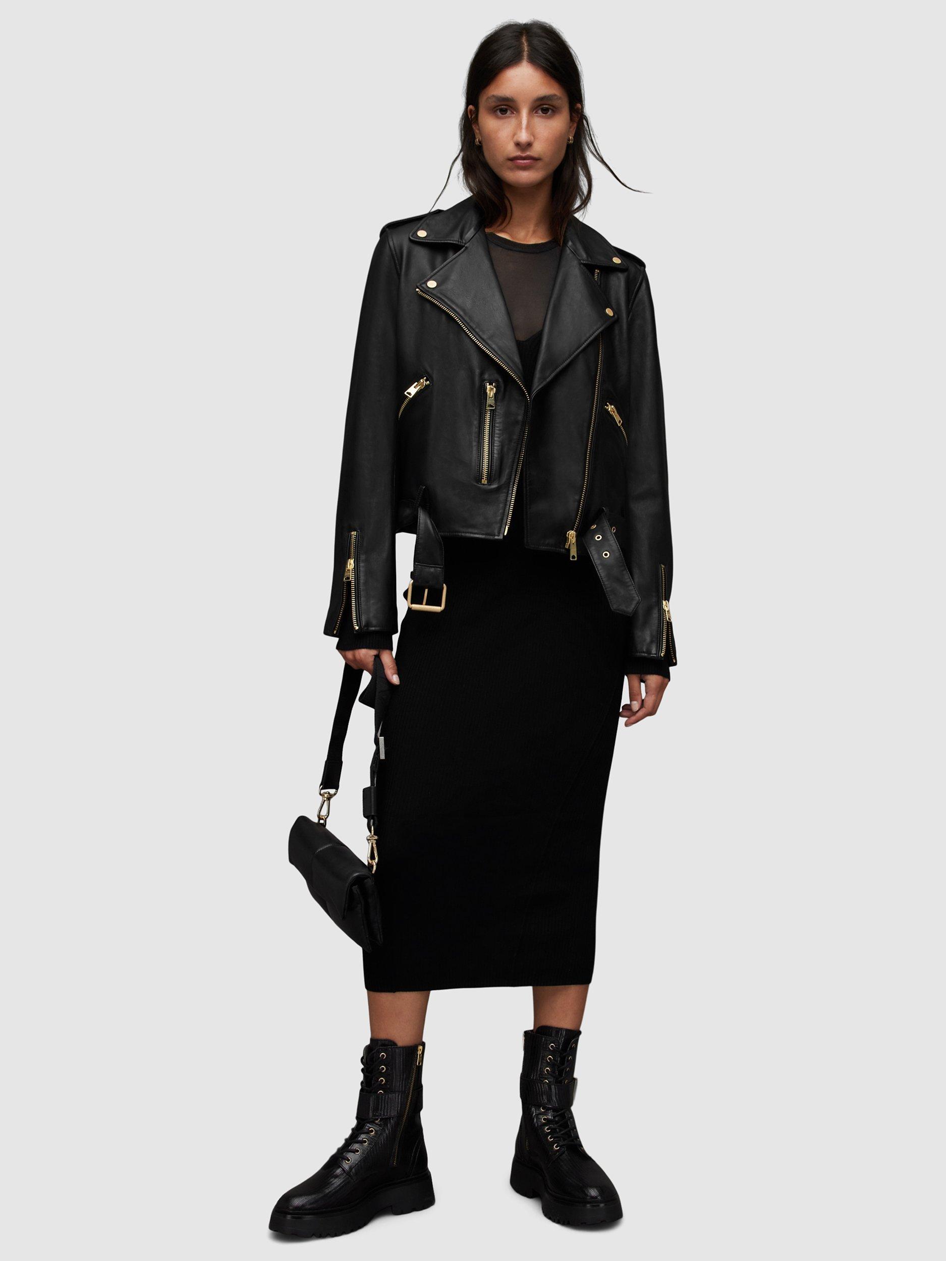 Product image 8 of 10, which shows AllSaints Balfern Leather Biker Jacket, Black/Gold, 14
