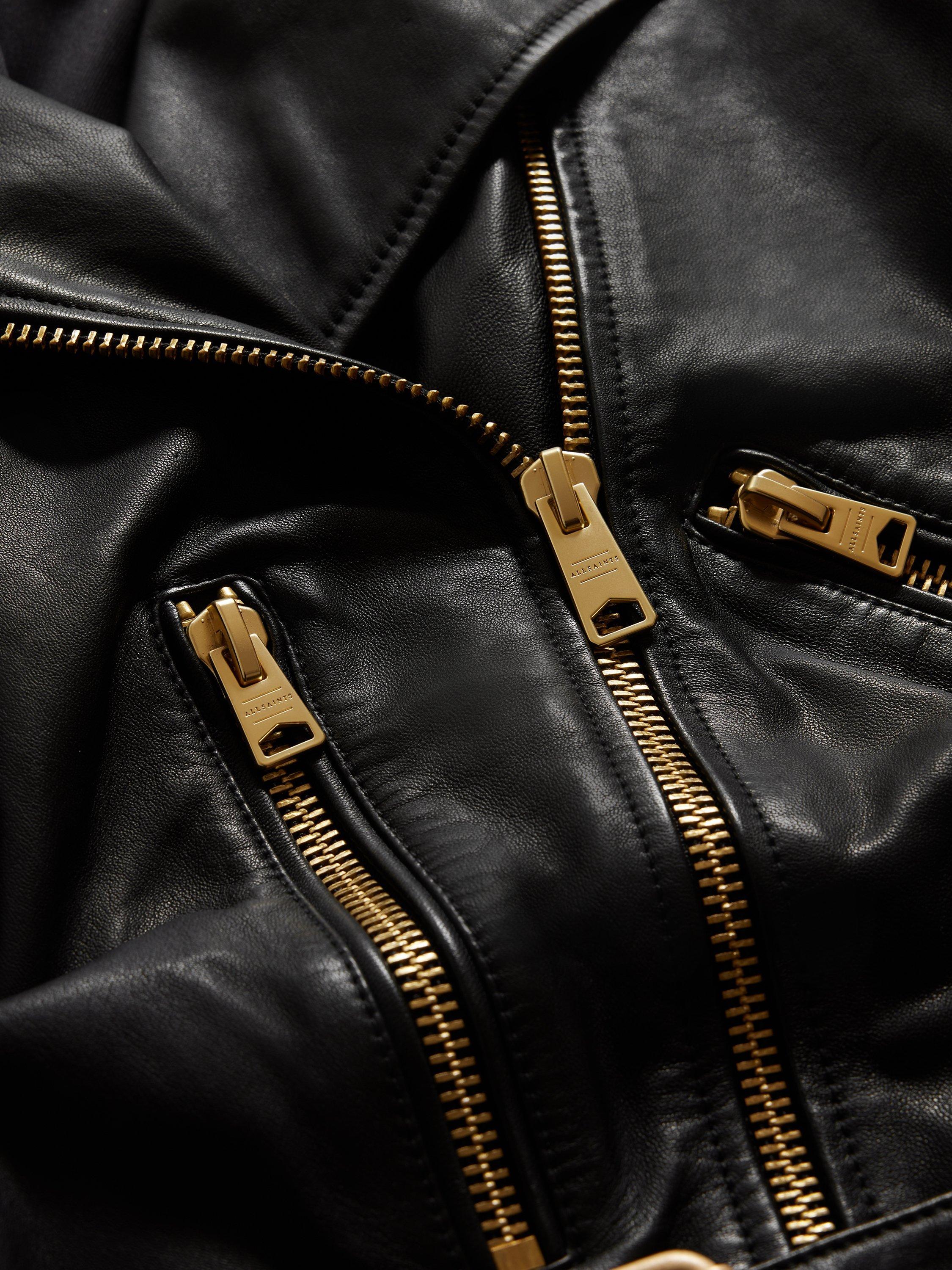 Product image 10 of 10, which shows AllSaints Balfern Leather Biker Jacket, Black/Gold, 14
