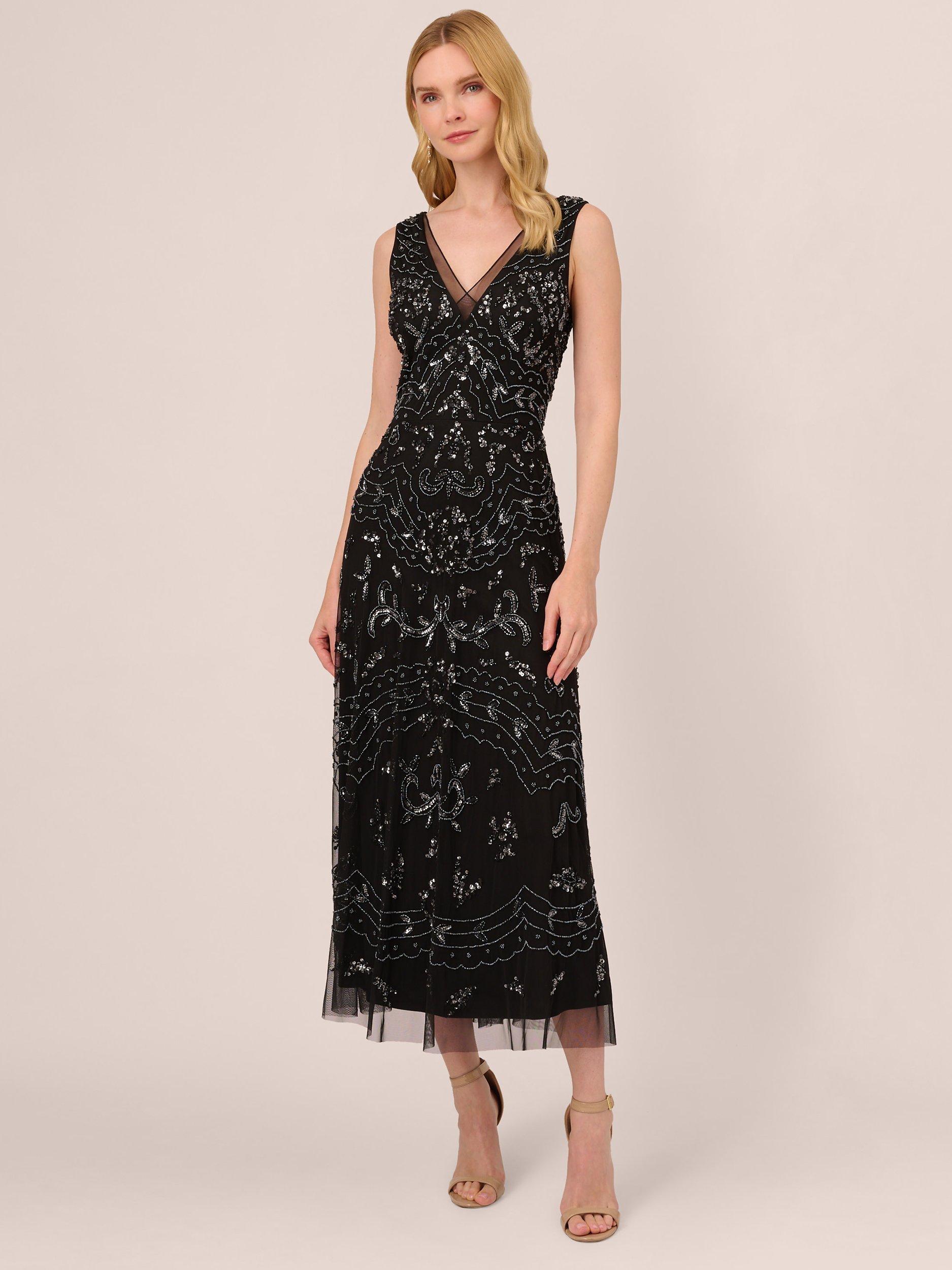 Adrianna Papell Beaded Midi Dress Black Gunmetal