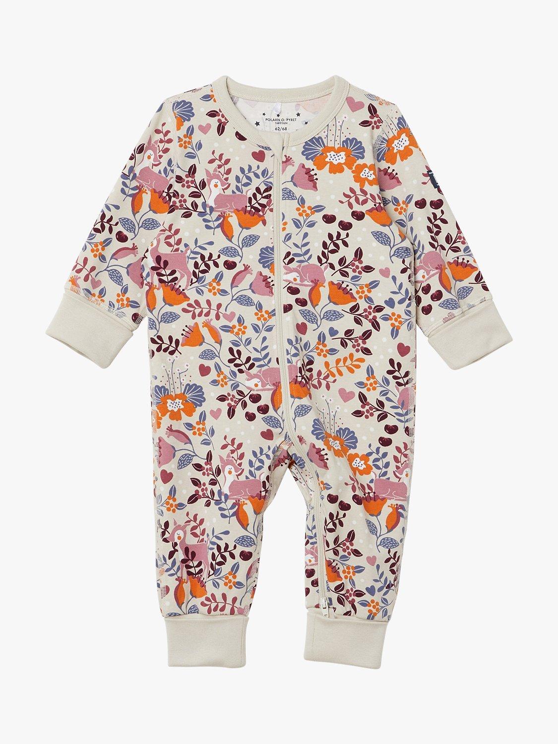 Polarn O. Pyret Baby Organic Cotton Floral Print Sleepsuit, Natural