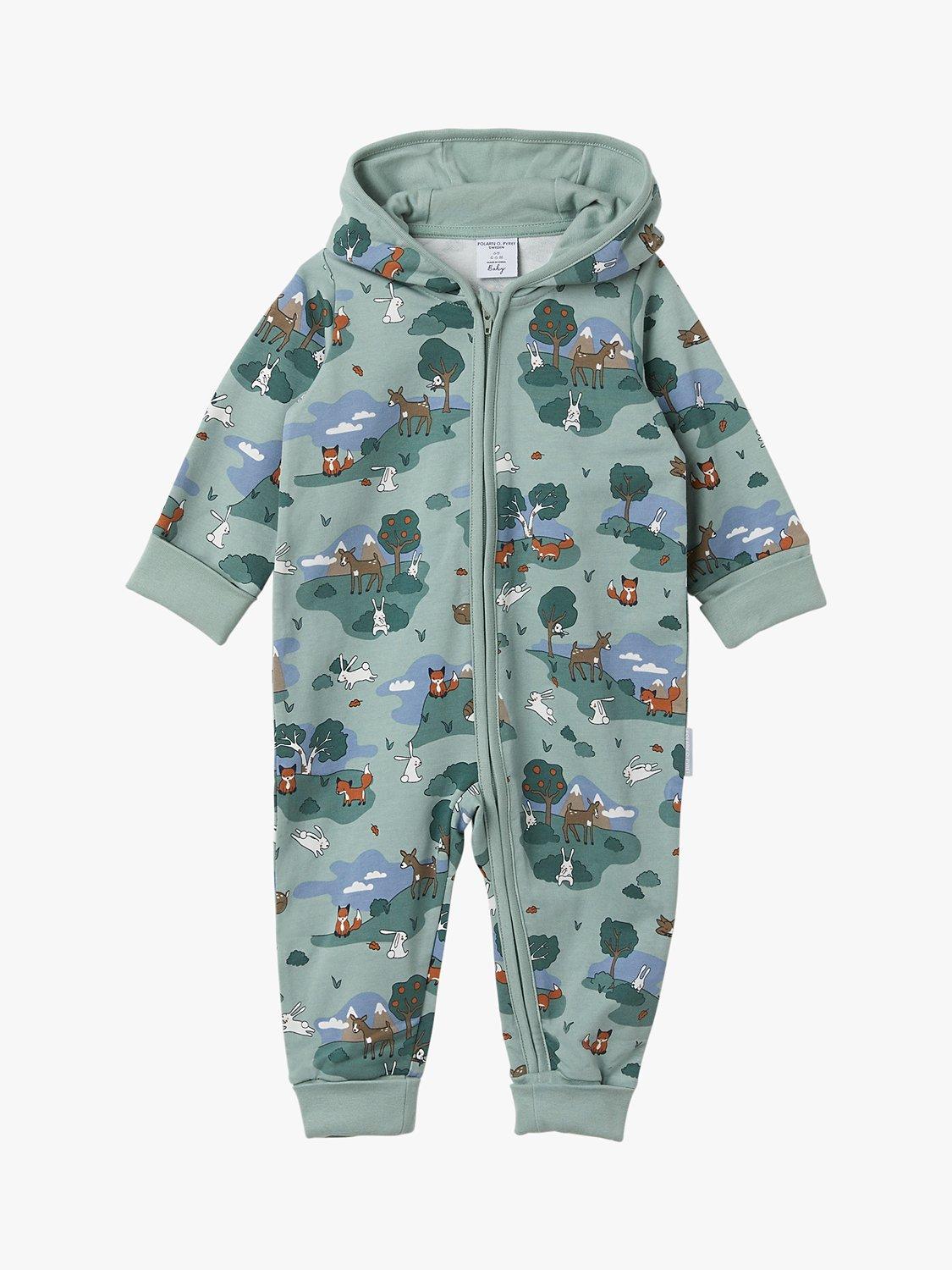 Polarn O. Pyret Baby Animal Print All-In-One Hooded Romper, Green