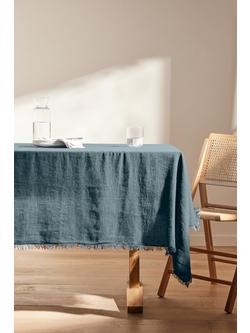 John Lewis Fringe Rectangular Cotton Linen Tablecloth - view 2, Loch Blue