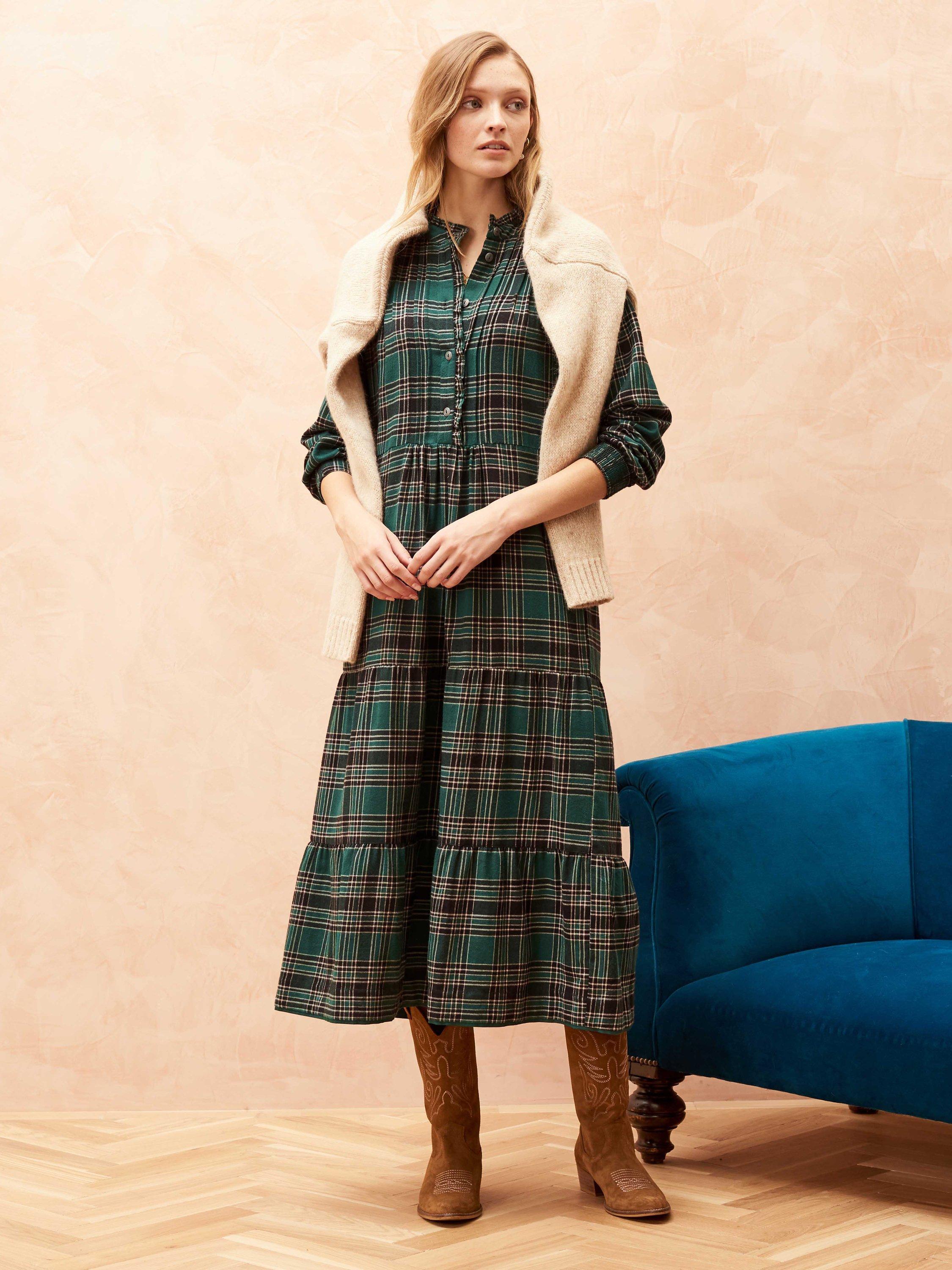 Brora Brushed Cotton Heritage Check Shirt Dress, Spruce/Multi