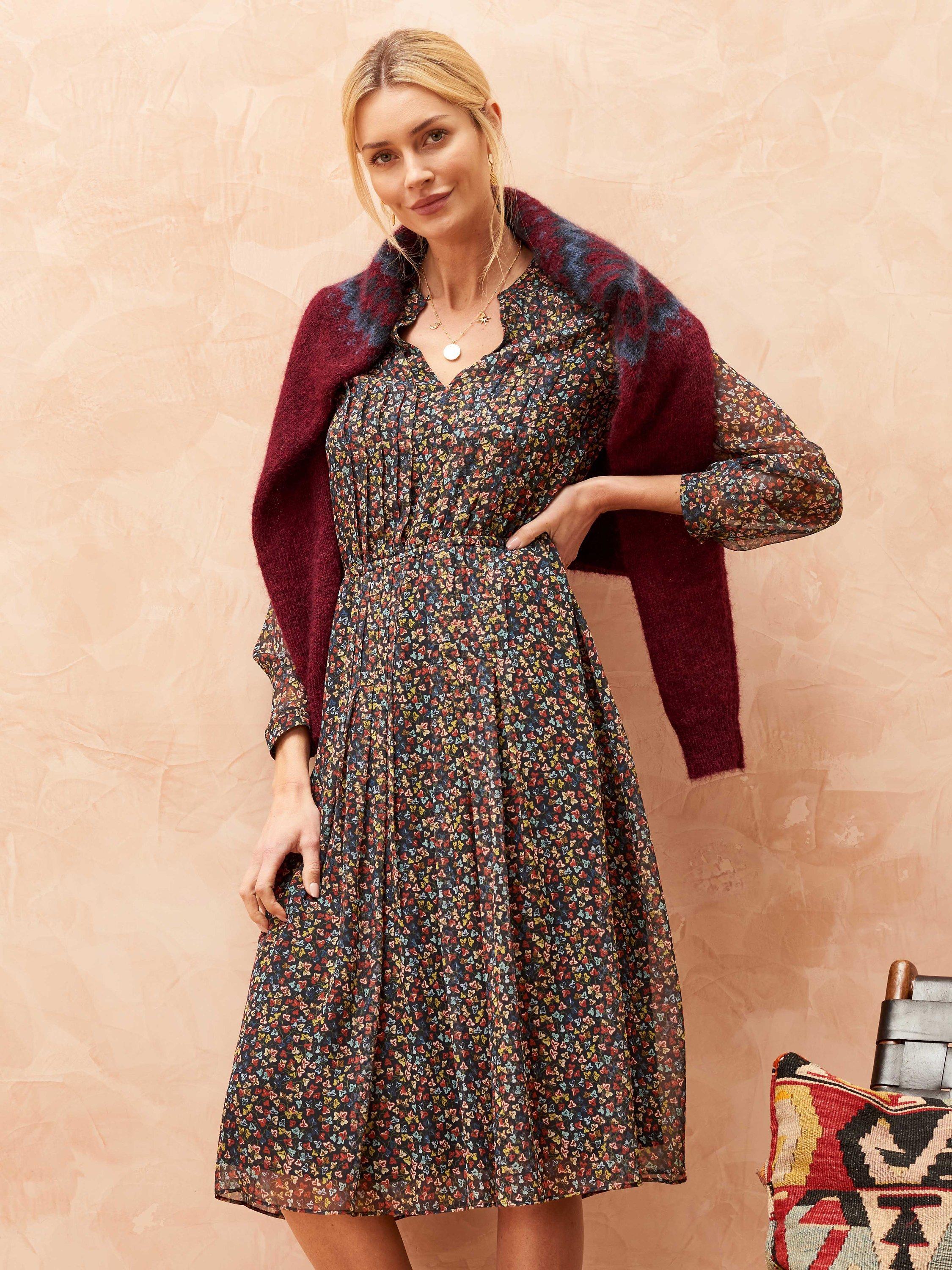 Brora Liberty Print Silk Chiffon Pintuck Dress, Russet Leaf