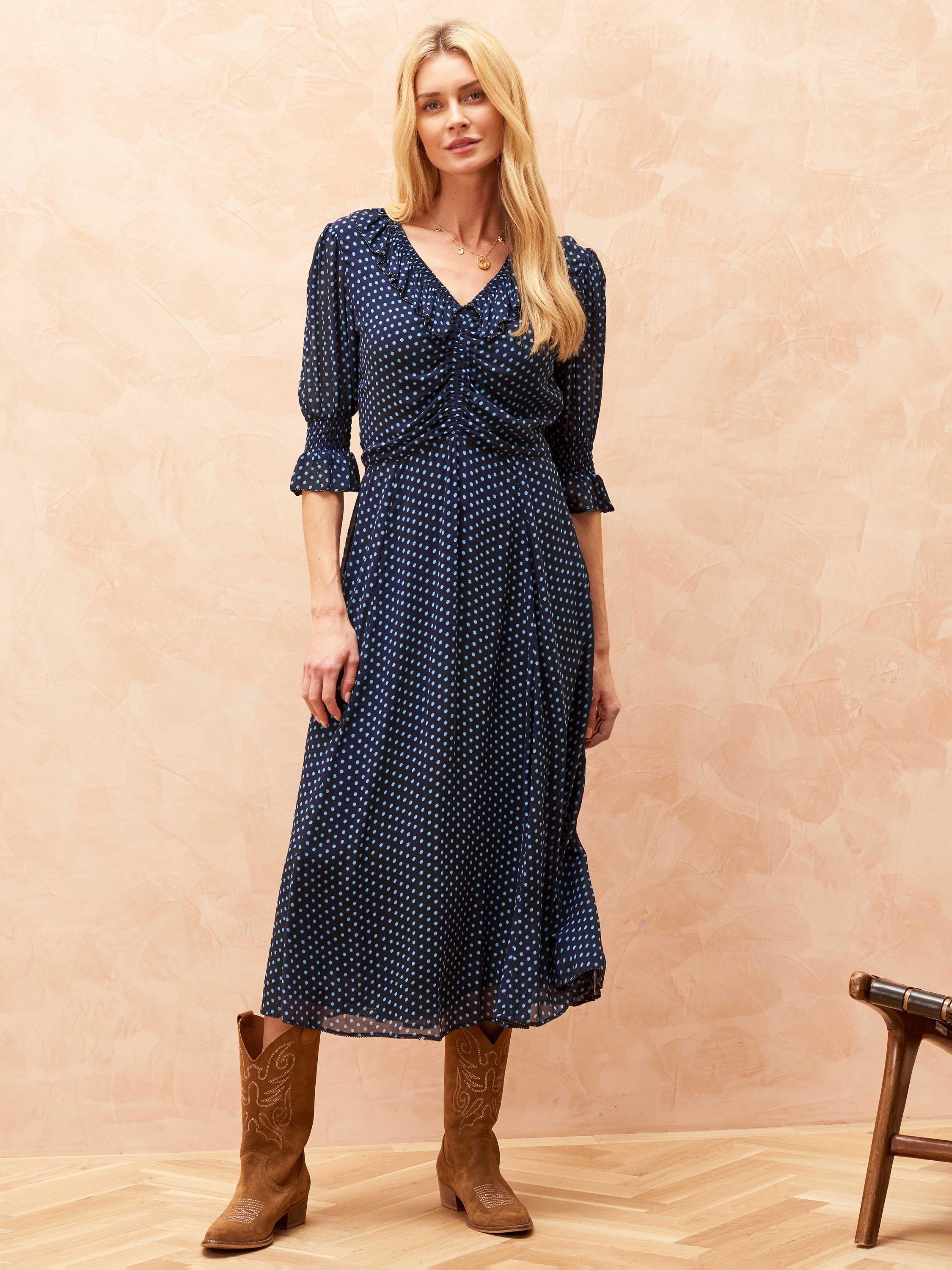Brora Silk Ruched Polka Dot Midi Dress, Navy/Multi