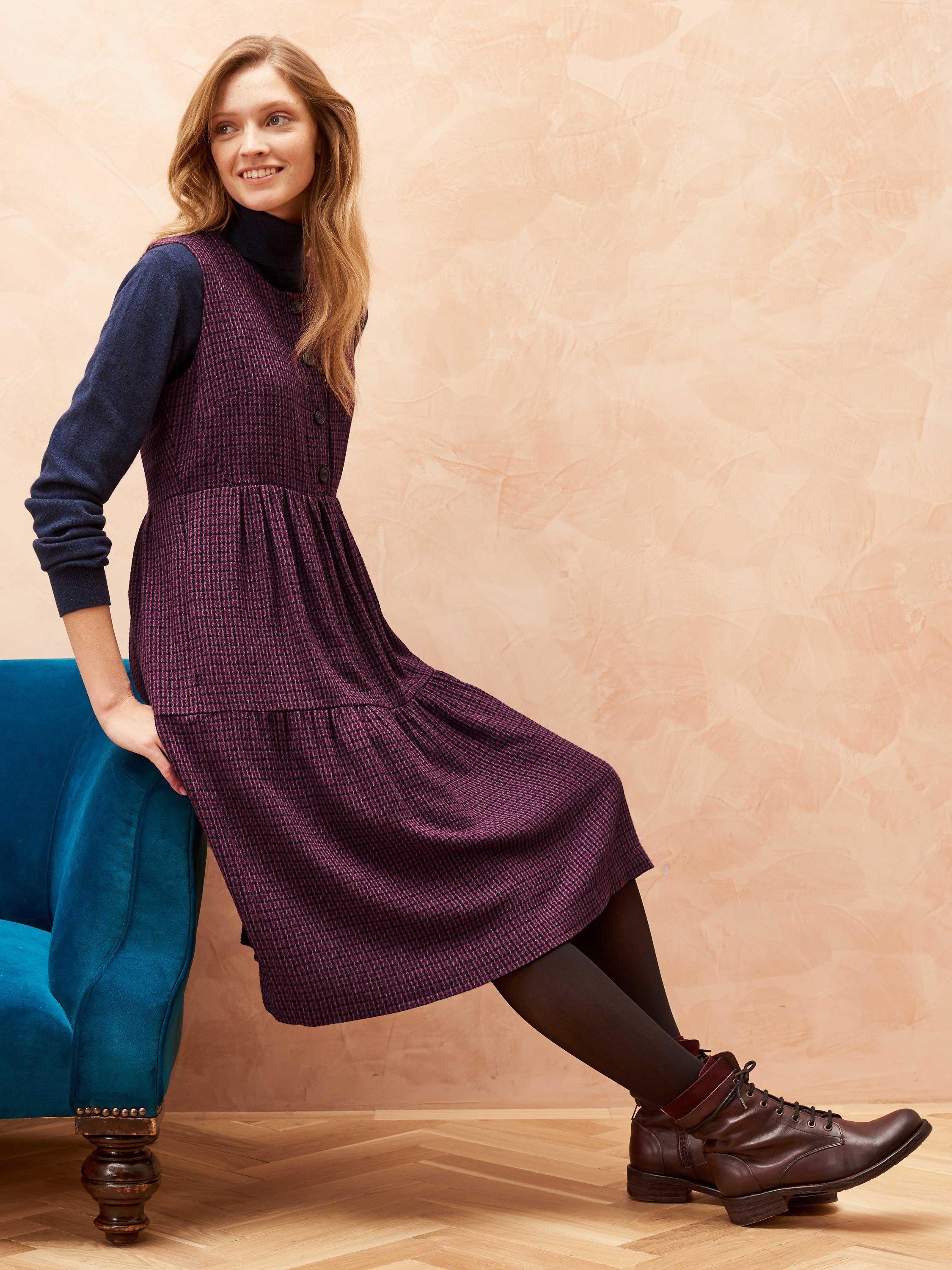 Brora Wool Blend Textured Weave Checked Pinafore Dress, Midnight & Rose