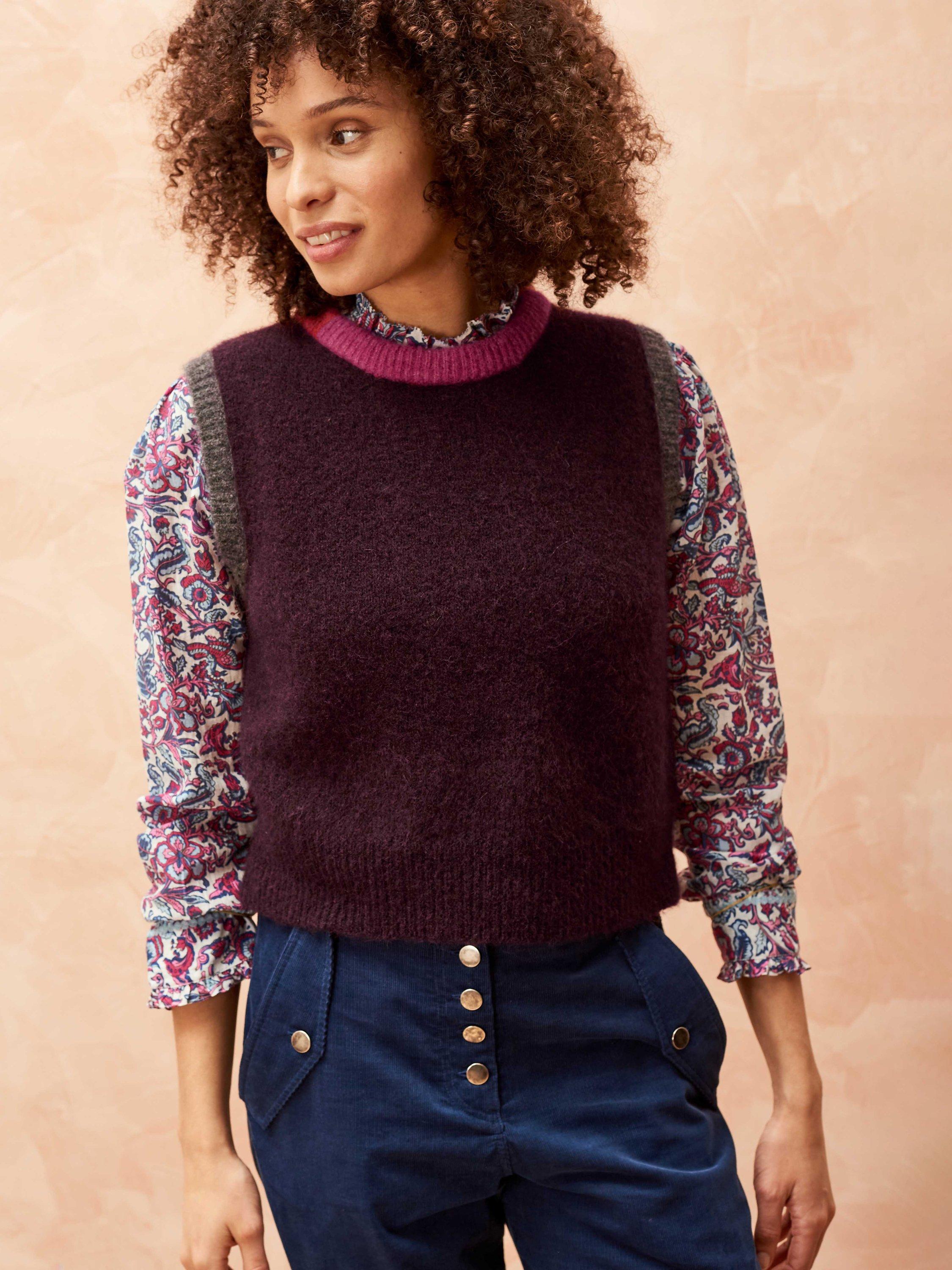Brora Alpaca Blend Colour Block Sleeveless Jumper, Bordeaux