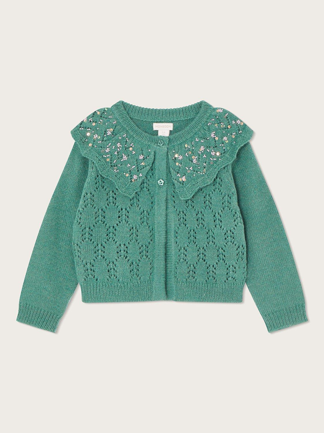 Monsoon Kids' Wool Blend Pointelle Collar Cardigan, Green