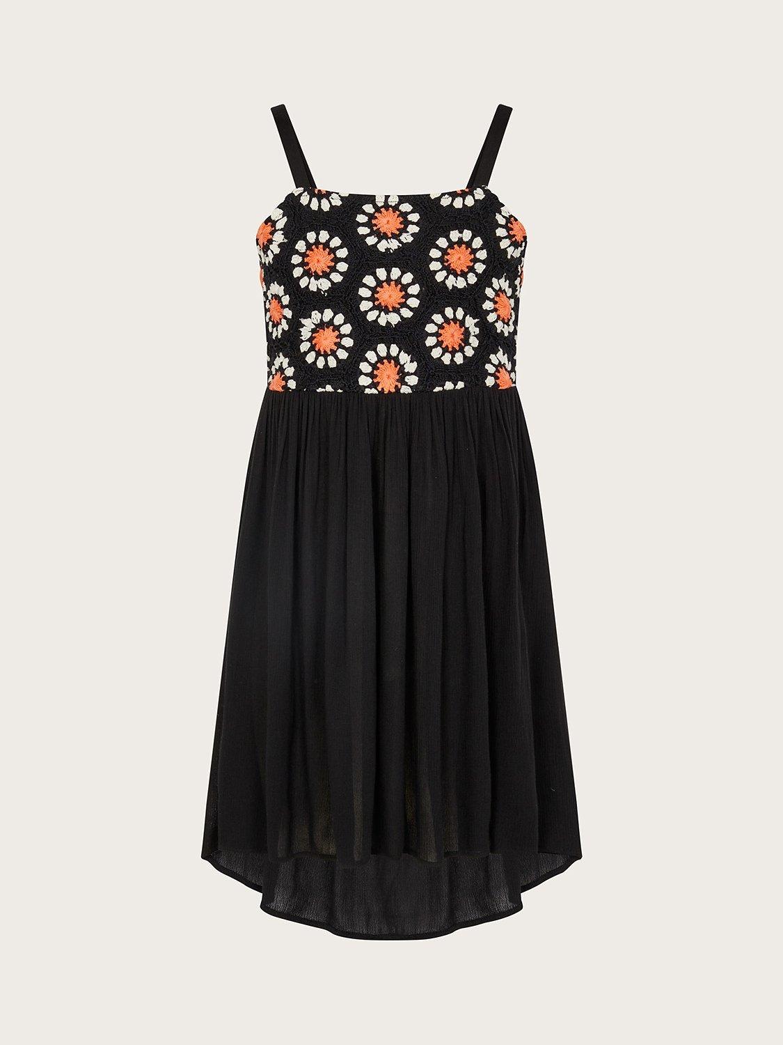 Monsoon Kids' Storm Crochet Floral Dress, Black