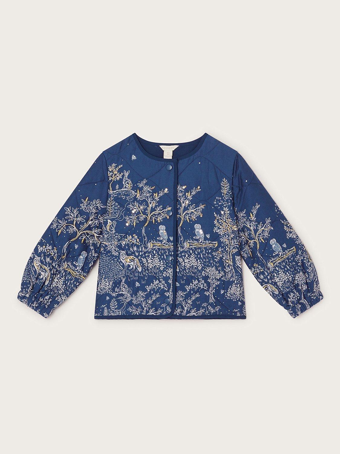 Product image 1 of 3, which shows Monsoon Kids' Woodland Quilted Jacket, Navy/Multi, 3-4 years