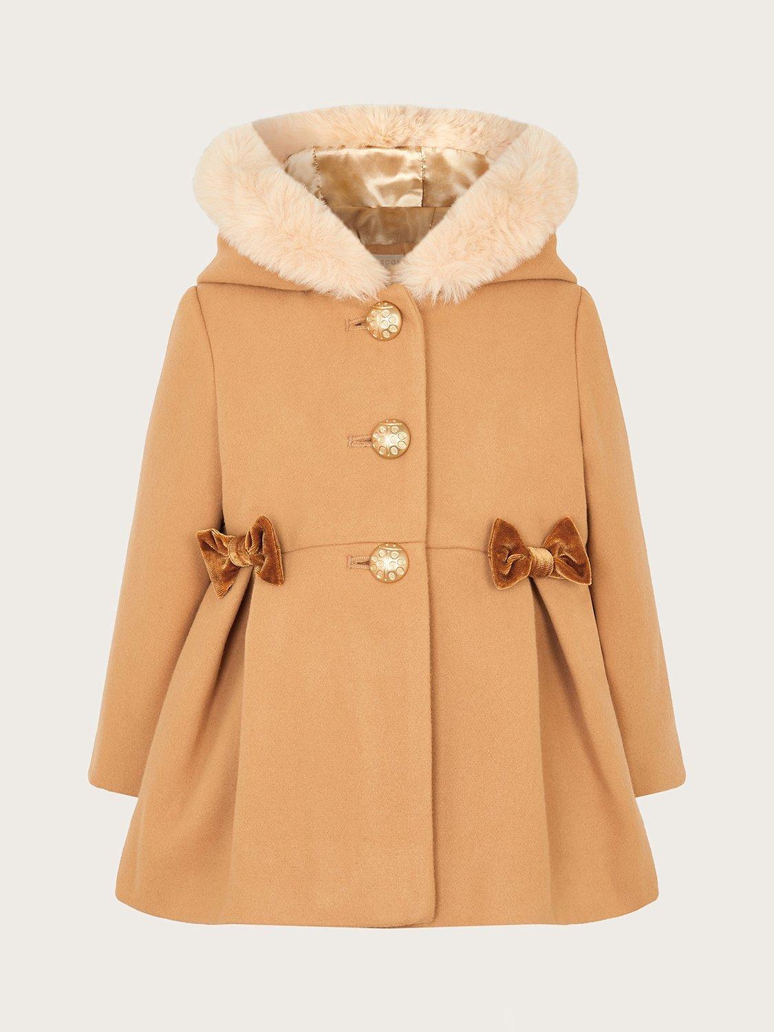 Monsoon Kids' Faux Fur Velvet Bow Hood Coat, Camel