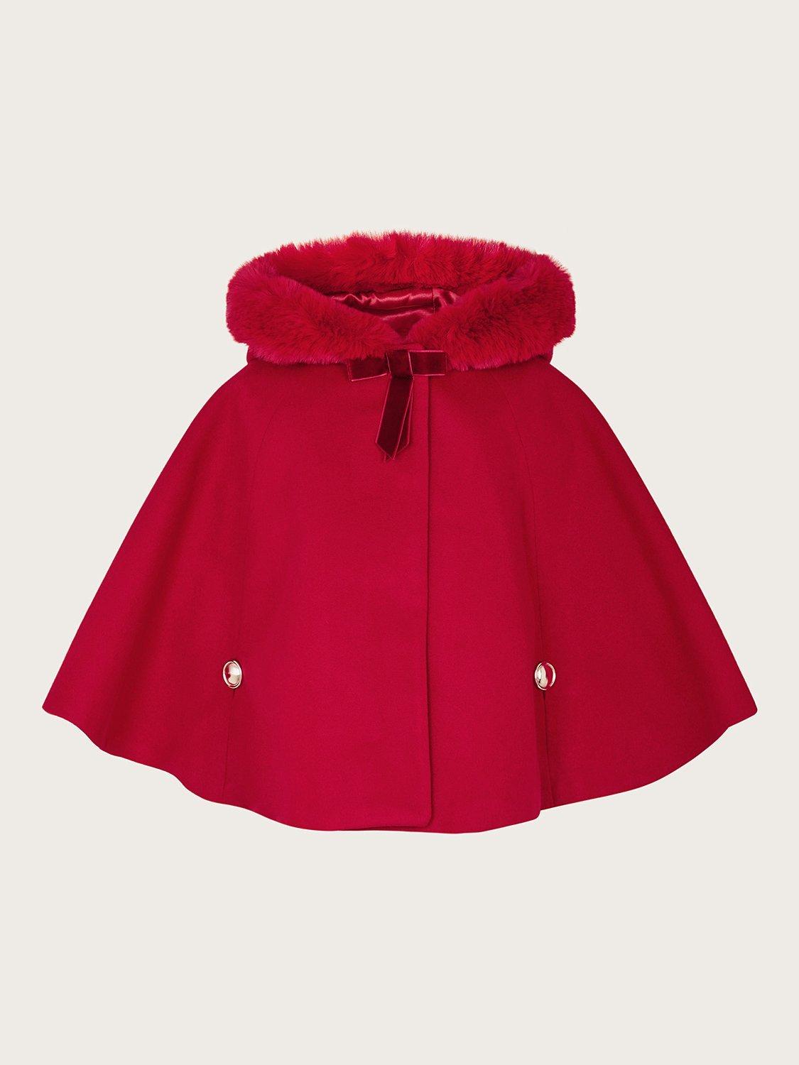 Monsoon Baby Faux Fur Trim Hooded Cape, Red