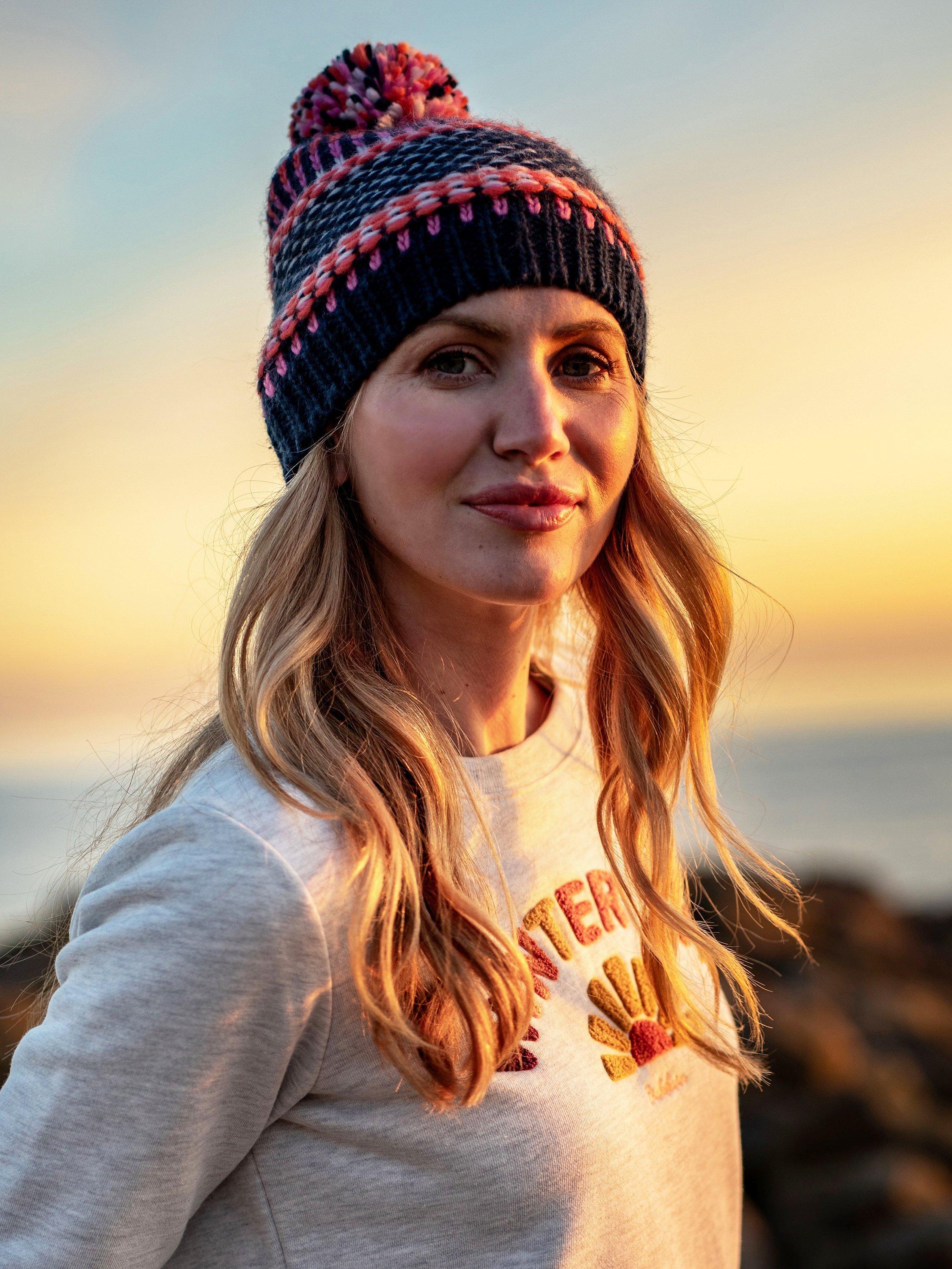 Brakeburn Textured Stripe Knitted Pom Pom Hat, Multi