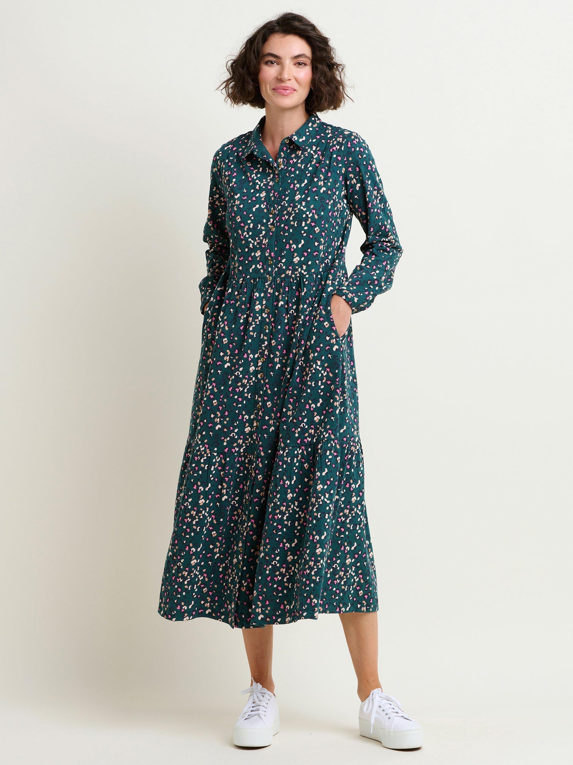 Brakeburn Leopard Spot Cotton Midi Shirt Dress, Teal/Multi