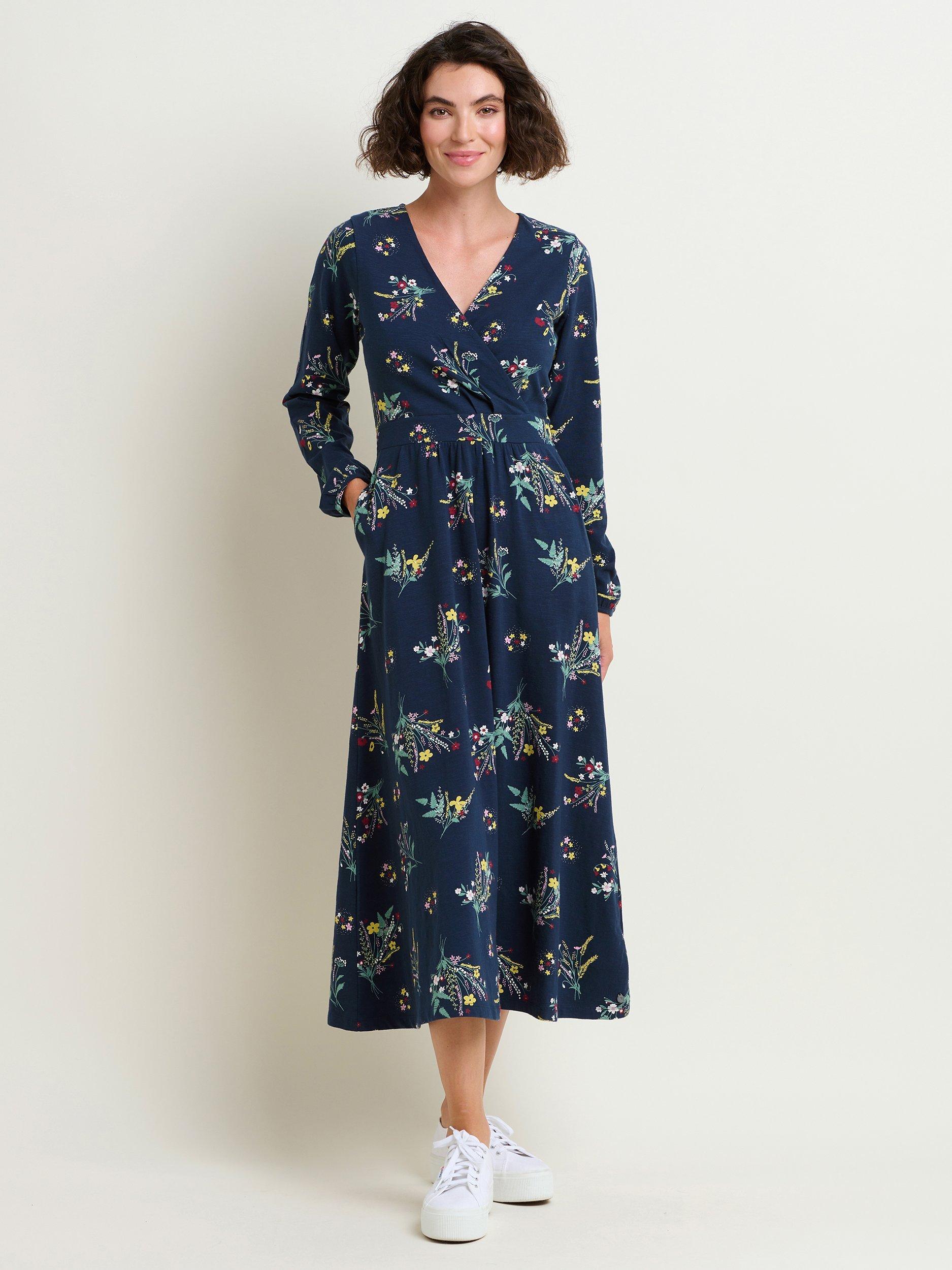 Brakeburn Spring Bunches Wrap Maxi Dress, Navy/Multi