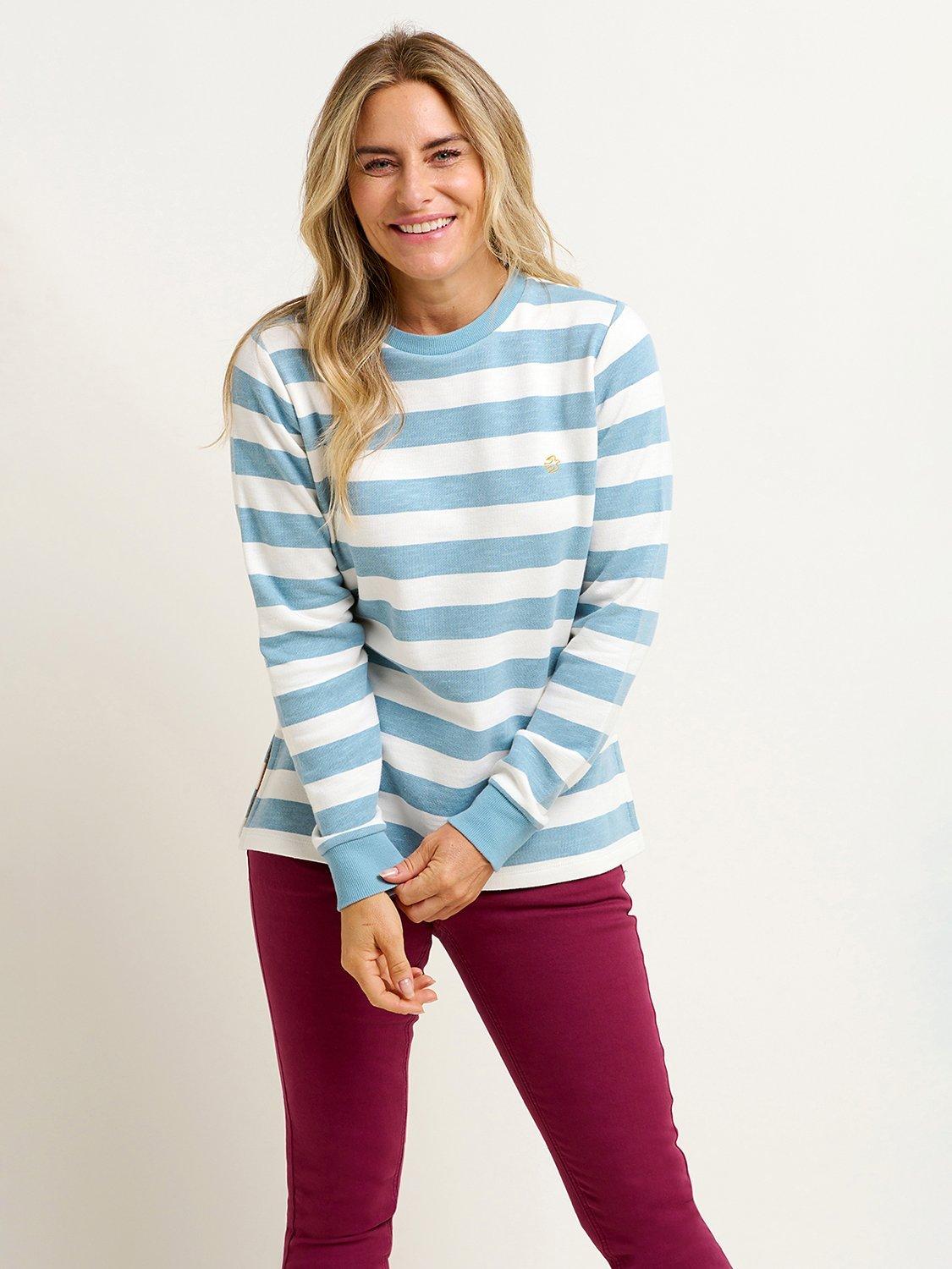 Brakeburn Stripe Crew Neck Cotton Jumper, Blue/White