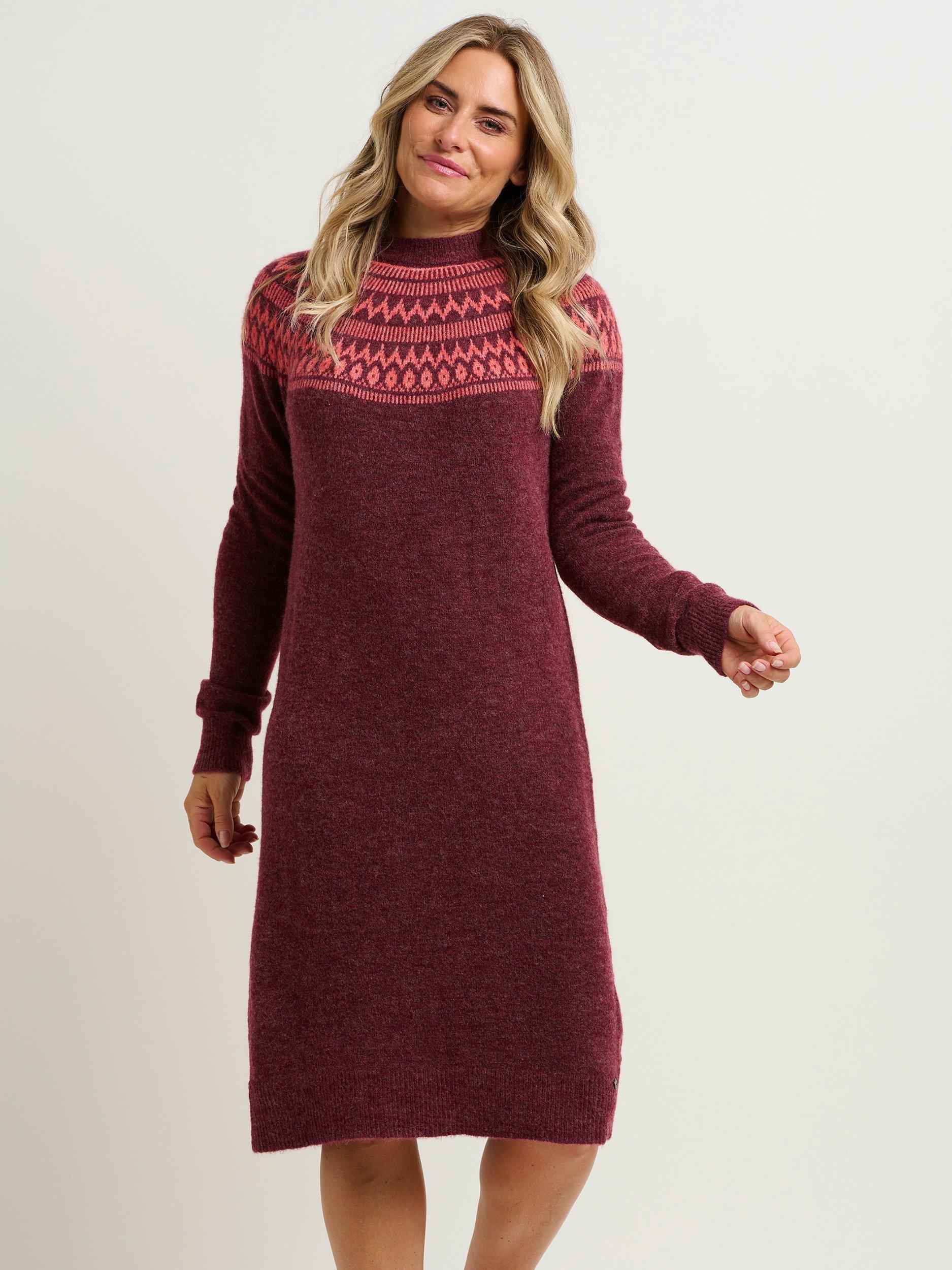 Brakeburn Fairisle Pop Wool Blend Knitted Midi Dress, Burgundy