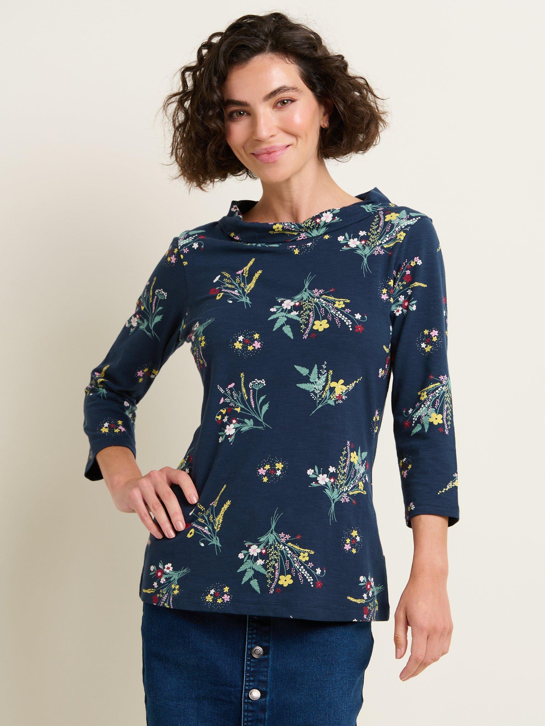 Brakeburn Spring Bunches Three Quarter Sleeve Top, Navy/Multi