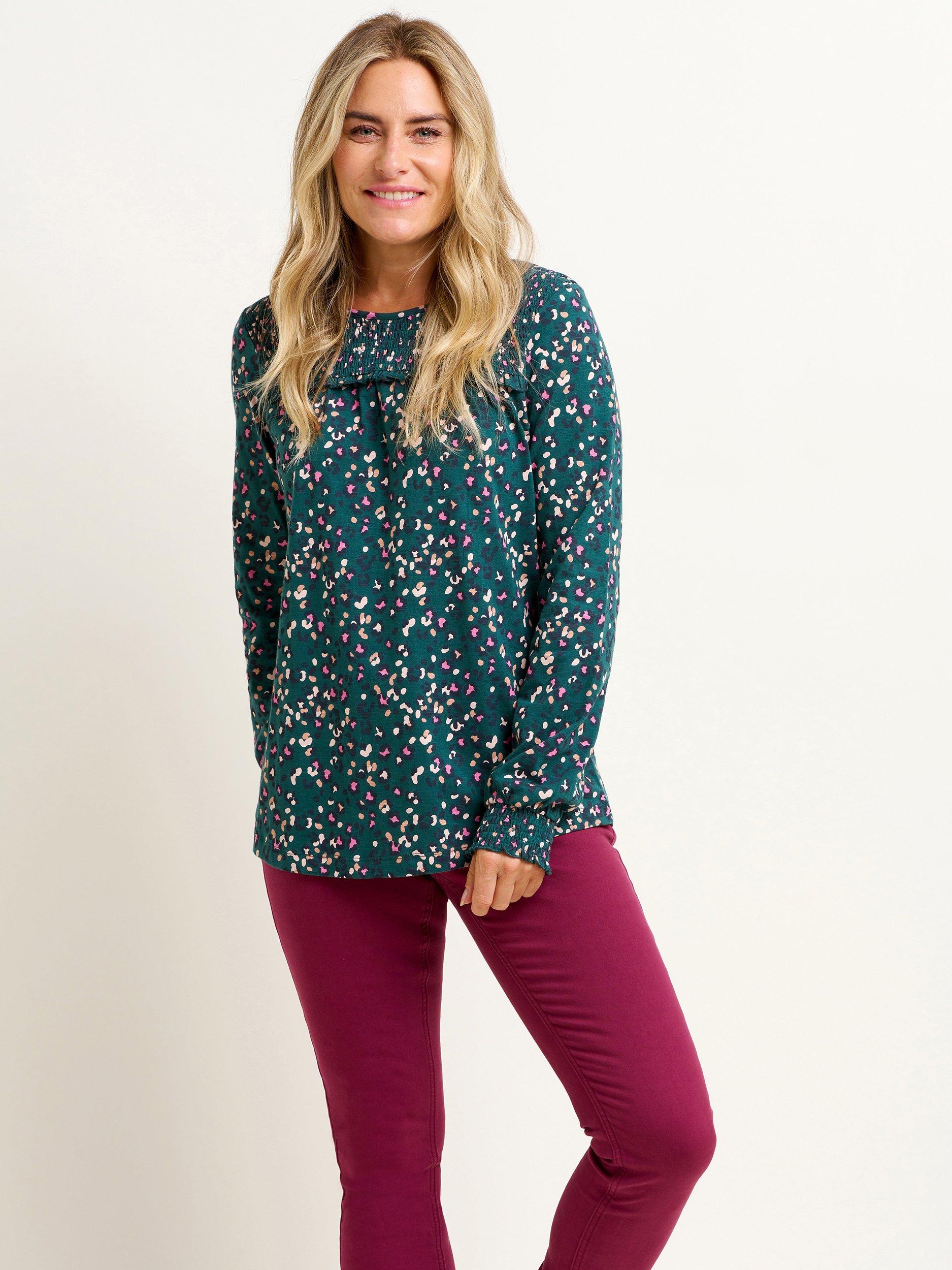 Brakeburn Leopard Spot Long Sleeve Cotton Top, Teal/Multi