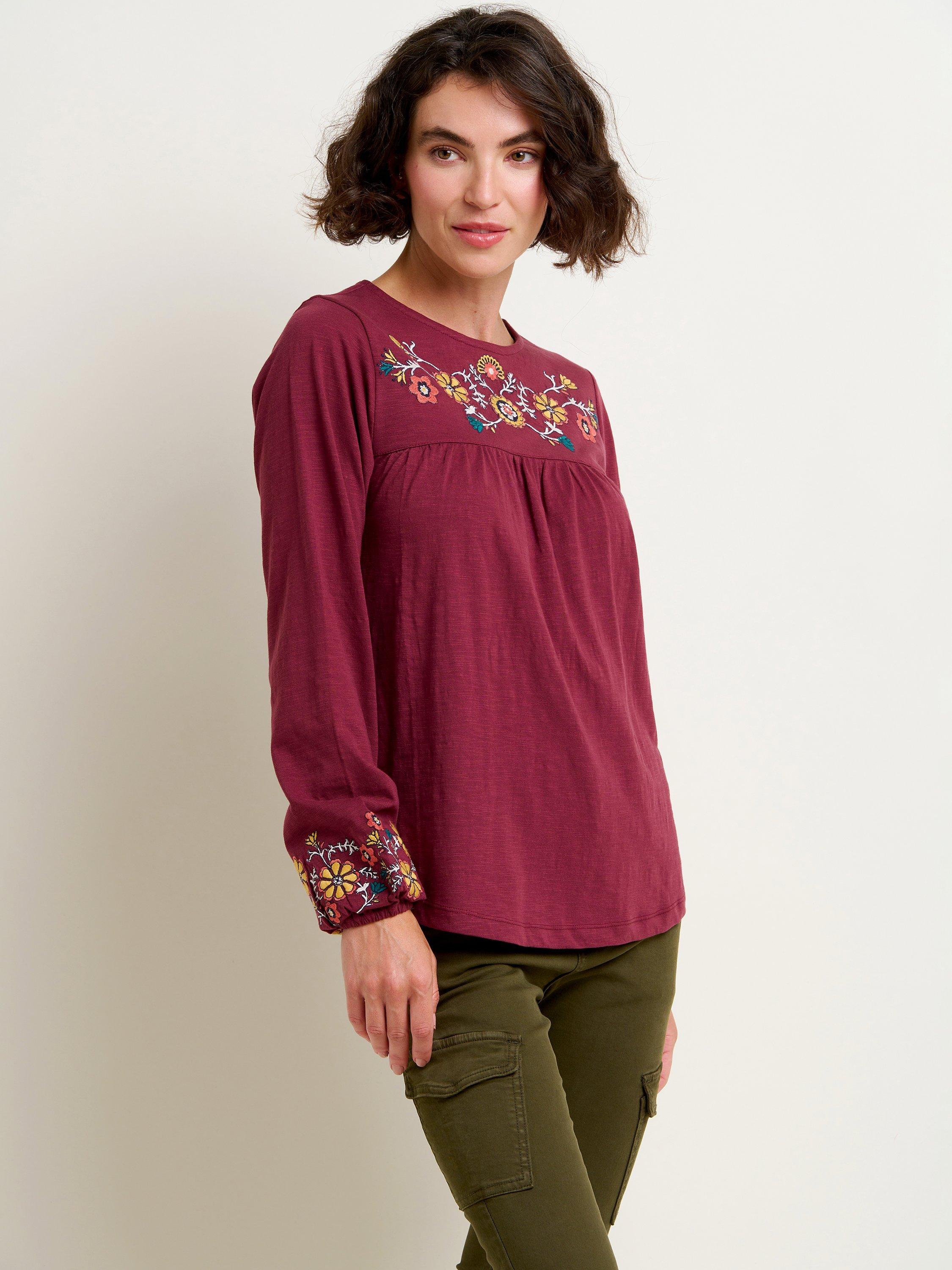 Brakeburn Folk Floral Embroided Cotton Top, Burgundy/Multi